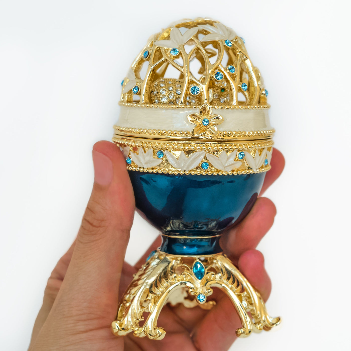 Keren Kopal Golden Blue Faberge Egg with a Golden Elephant