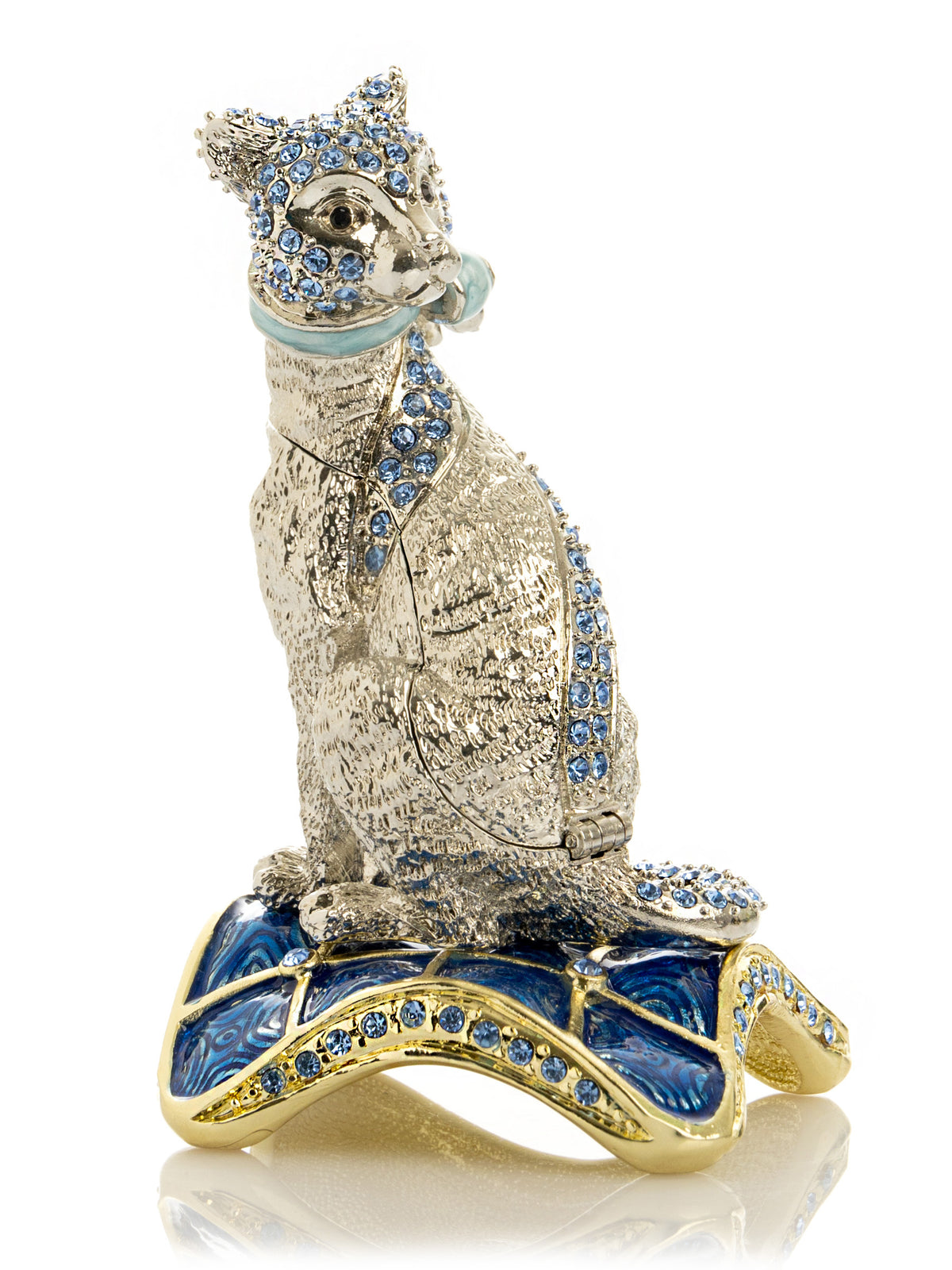 Keren Kopal Elegant Silver Cat Trinket Box with Blue Crystals