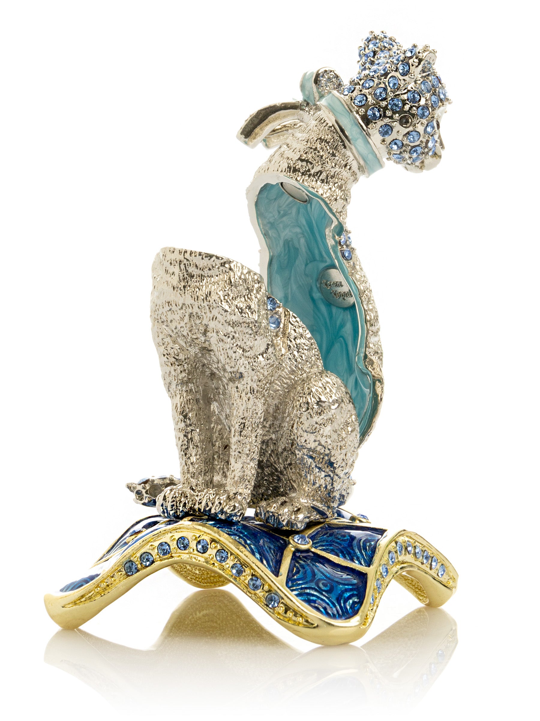 Keren Kopal Elegant Silver Cat Trinket Box with Blue Crystals