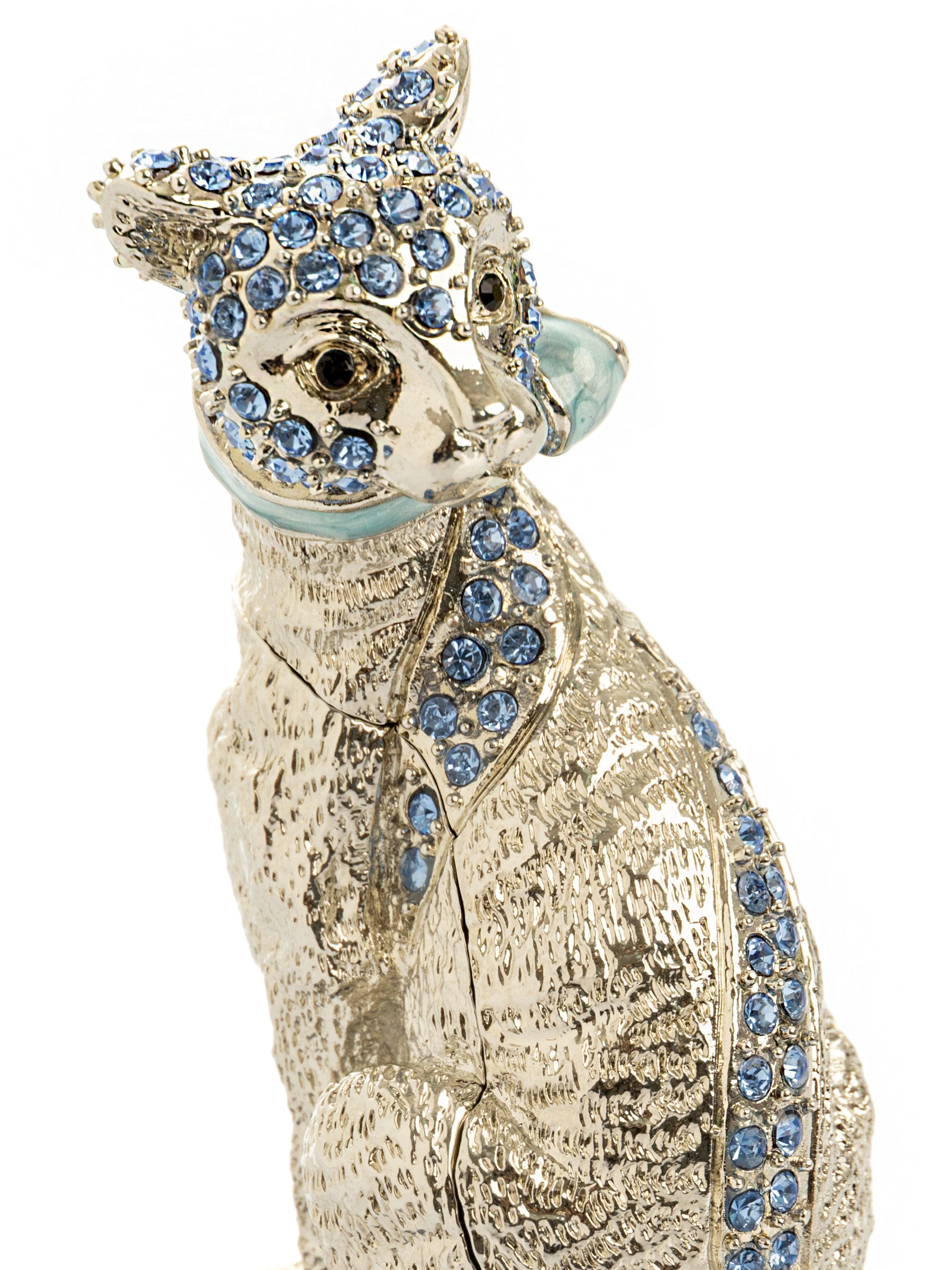 Keren Kopal Elegant Silver Cat Trinket Box with Blue Crystals