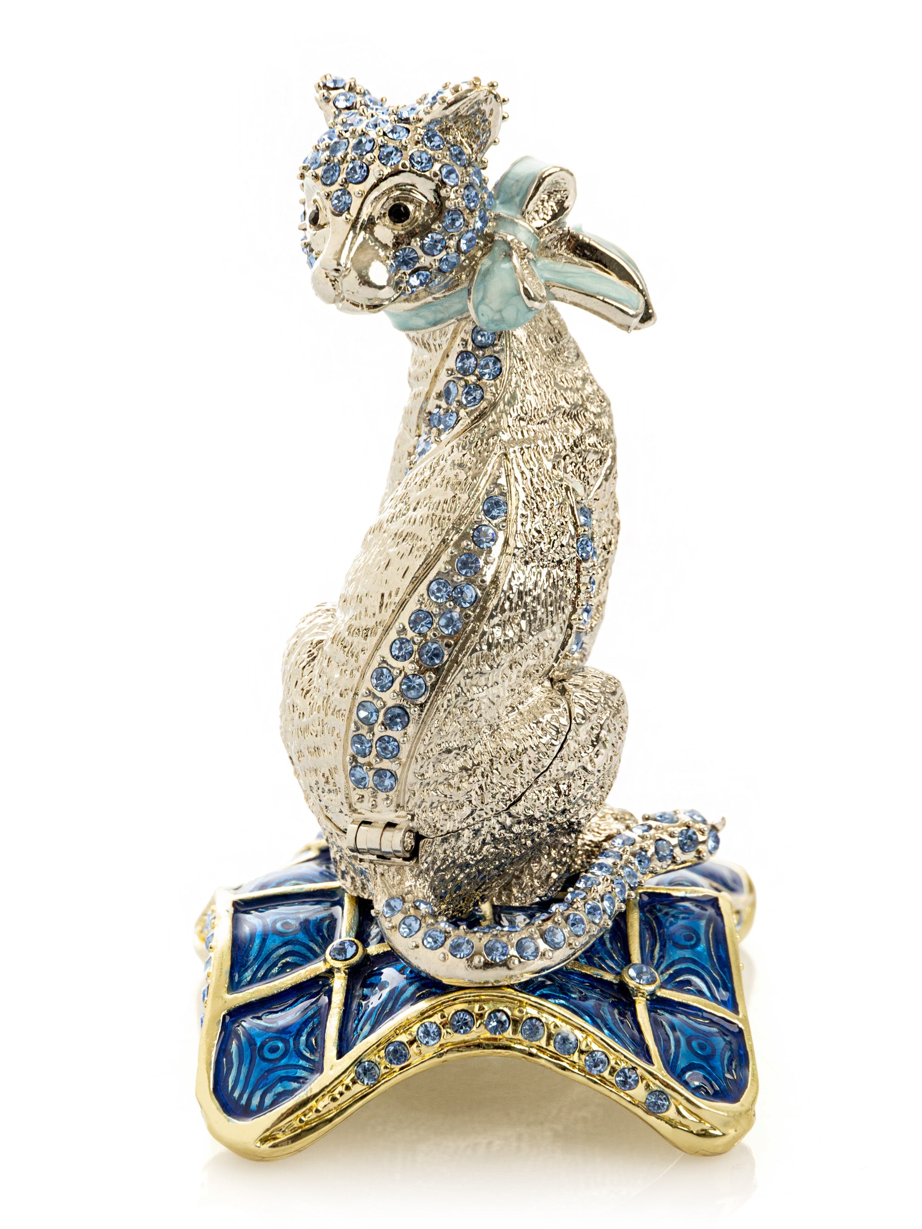 Keren Kopal Elegant Silver Cat Trinket Box with Blue Crystals
