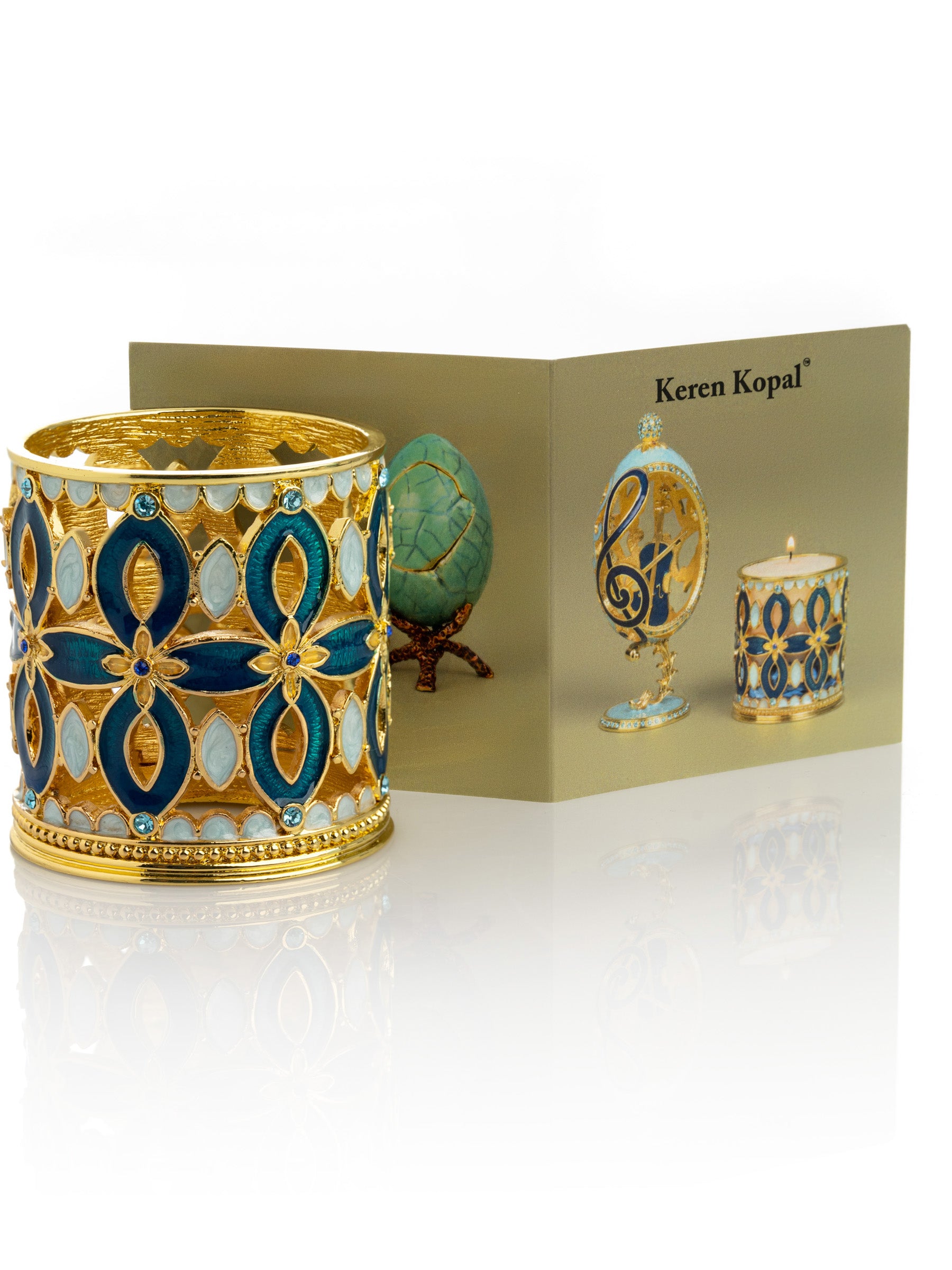 Keren Kopal Golden Blue Decorated Candle Holder