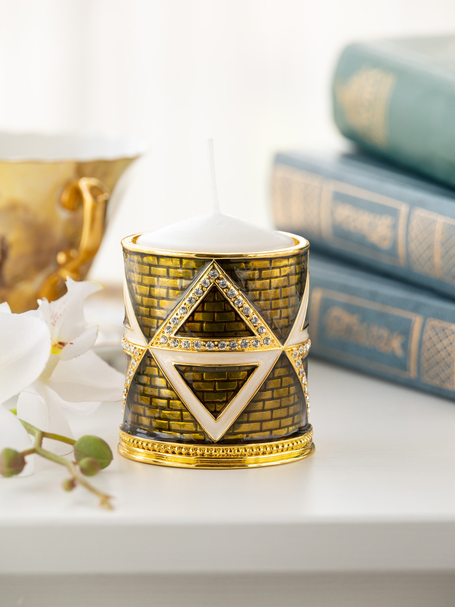 Keren Kopal Golden Brown Decorated Candle Holder with Triangles Pattern