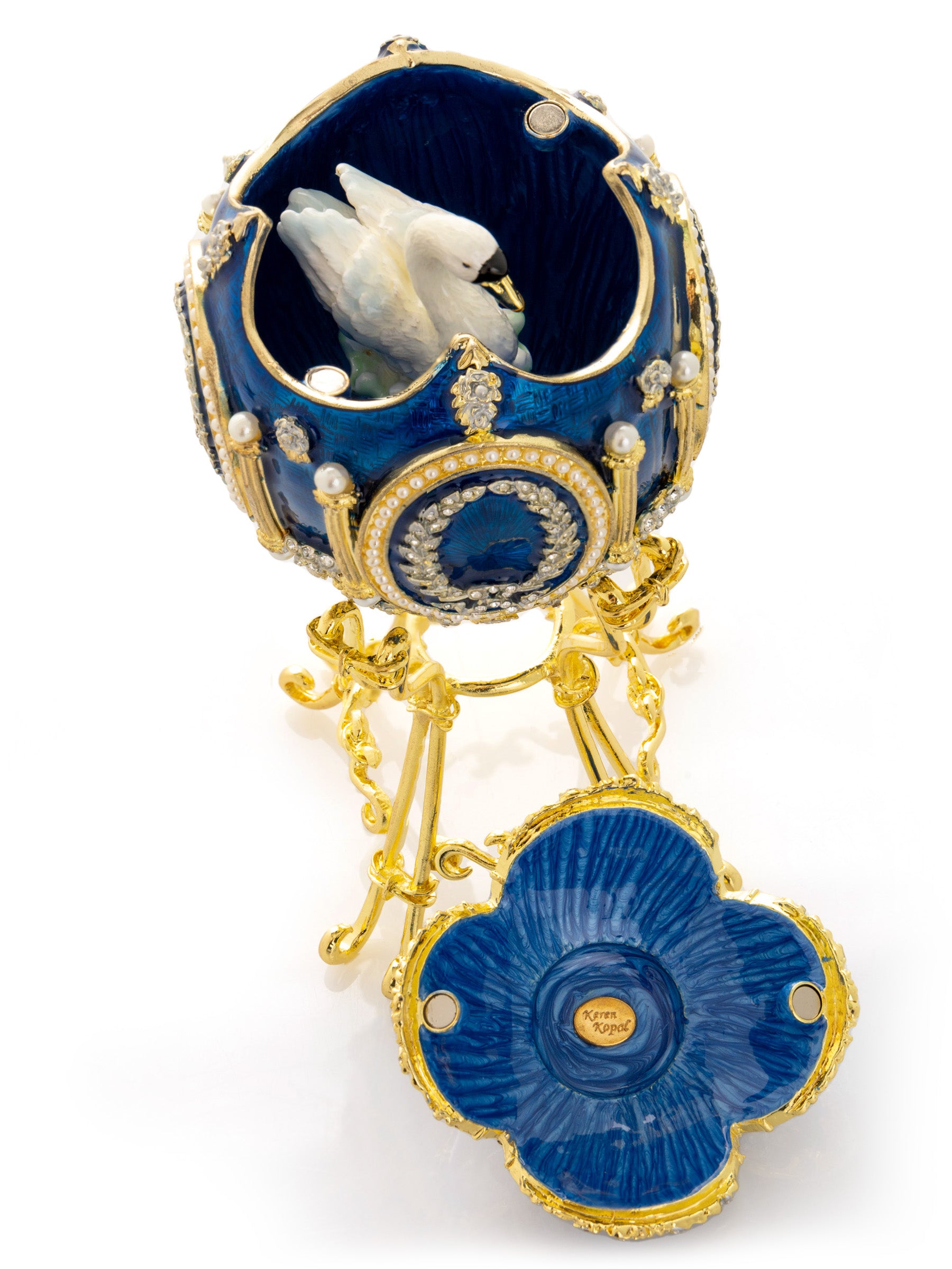 Keren Kopal Blue Faberge Egg with Swan Inside