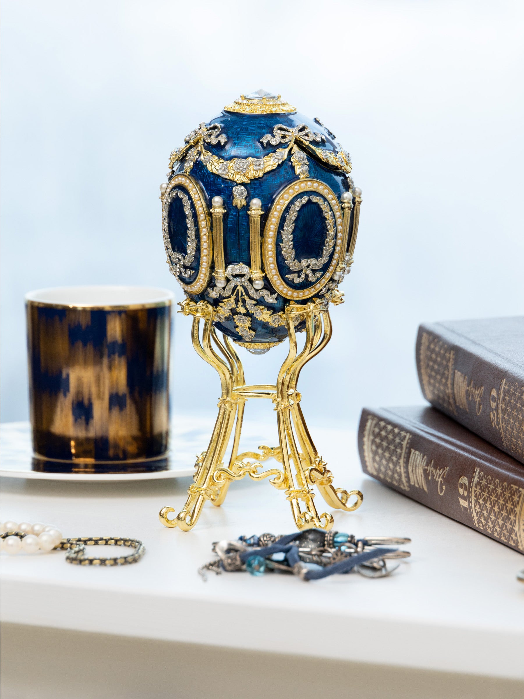 Keren Kopal Blue Faberge Egg with Swan Inside