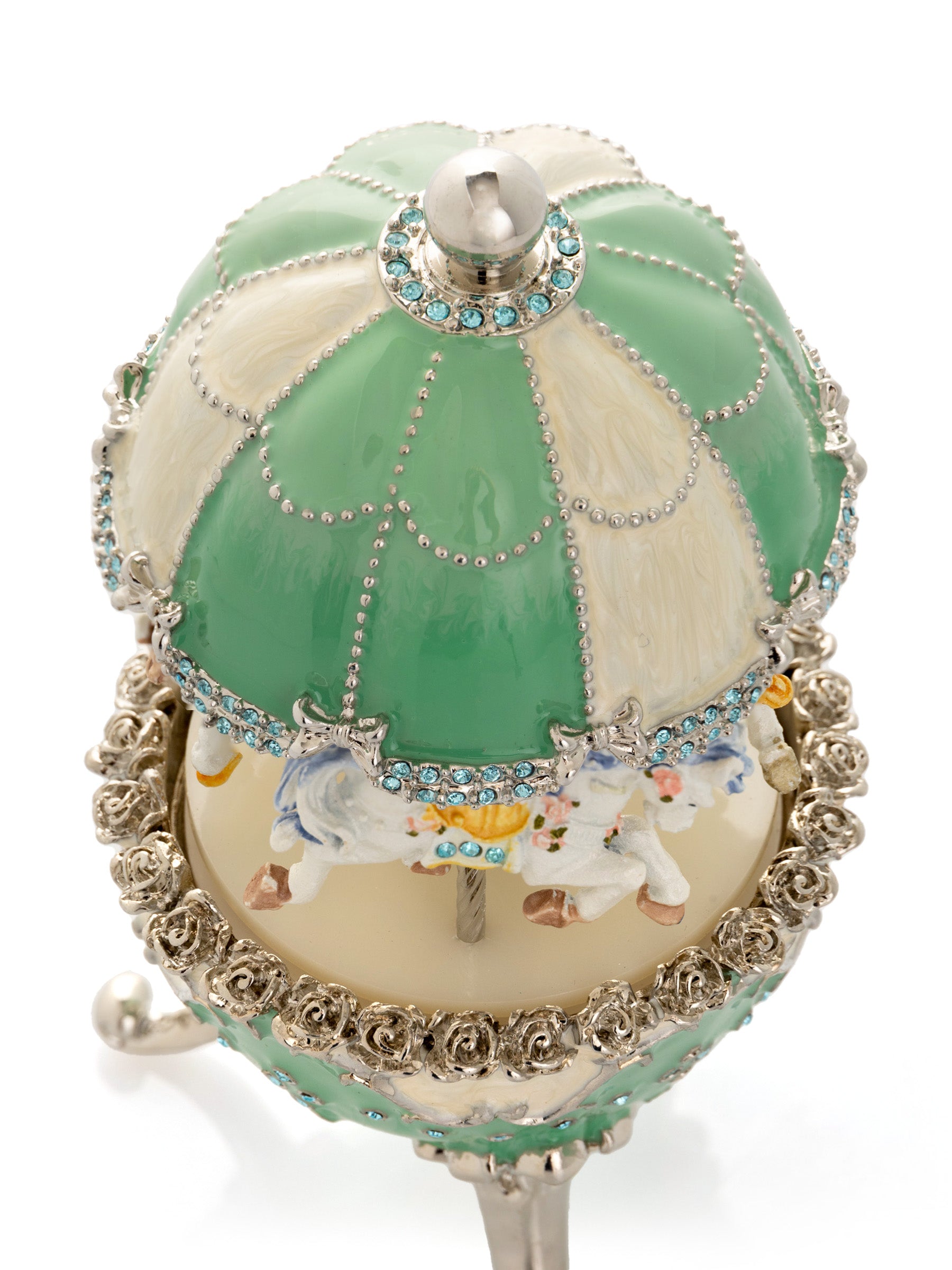 Keren Kopal Light Blue Carousel Faberge Egg with White Royal Horses