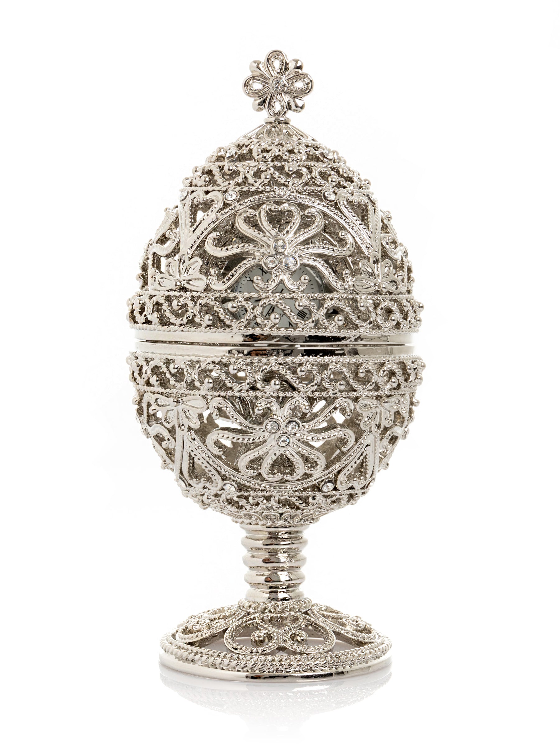 Keren Kopal Silver Faberge Egg with Clock Inside