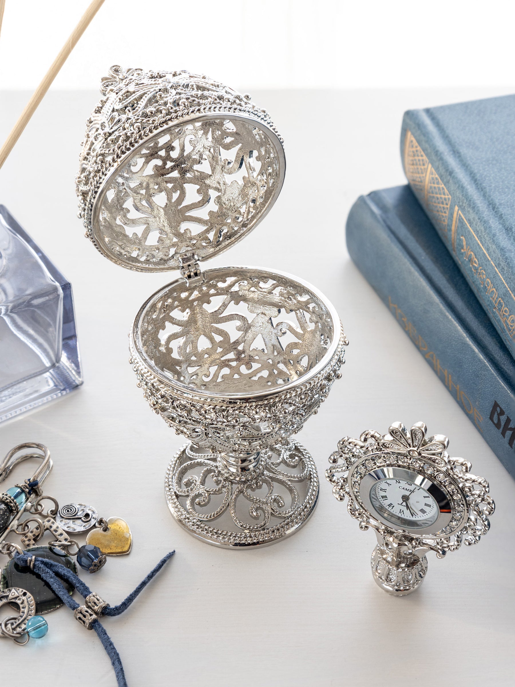 Keren Kopal Silver Faberge Egg with Clock Inside