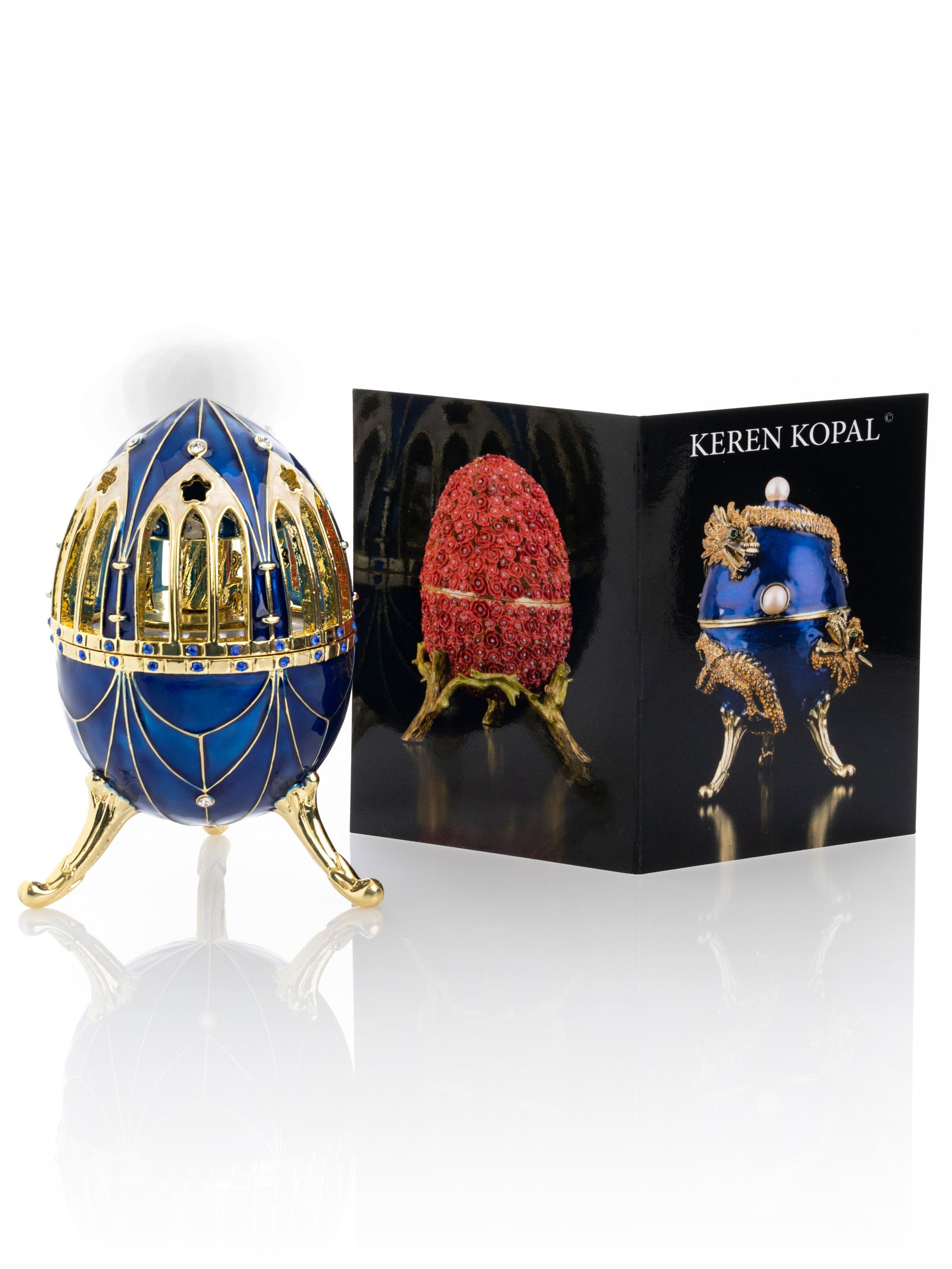 Keren Kopal Blue and Gold Faberge Egg with Horse Carousel Surprise Inside