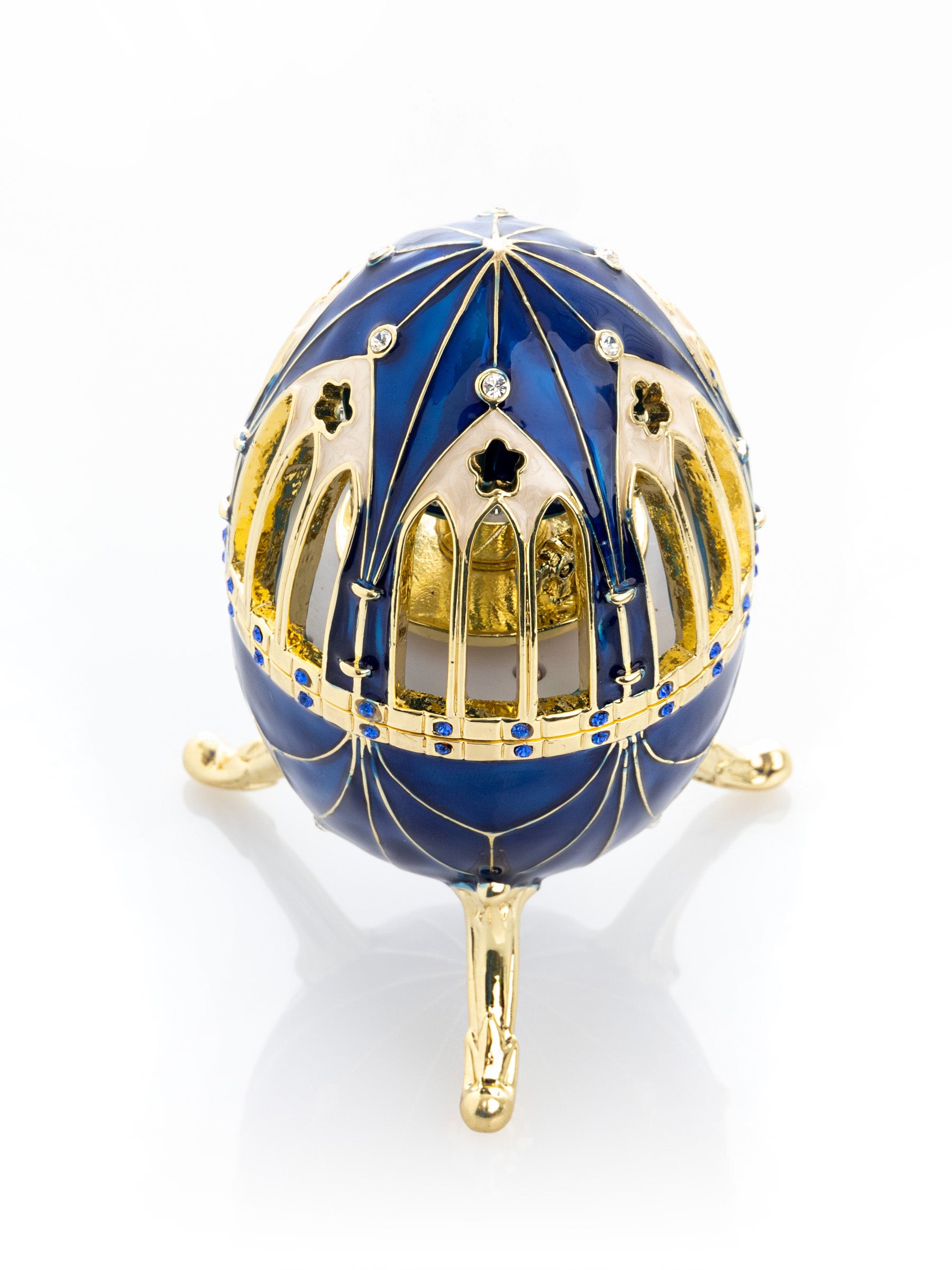 Keren Kopal Blue and Gold Faberge Egg with Horse Carousel Surprise Inside