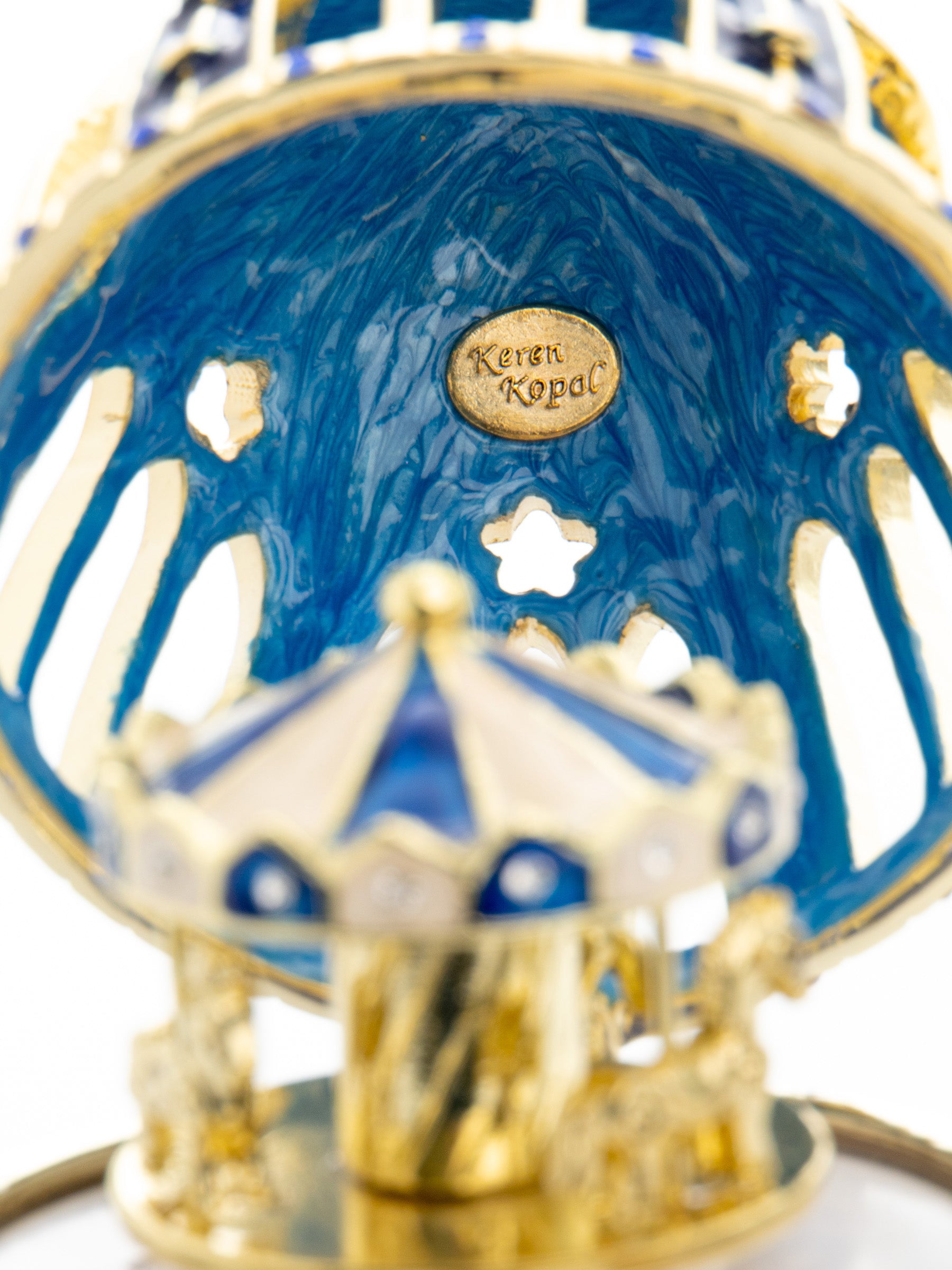 Keren Kopal Blue and Gold Faberge Egg with Horse Carousel Surprise Inside