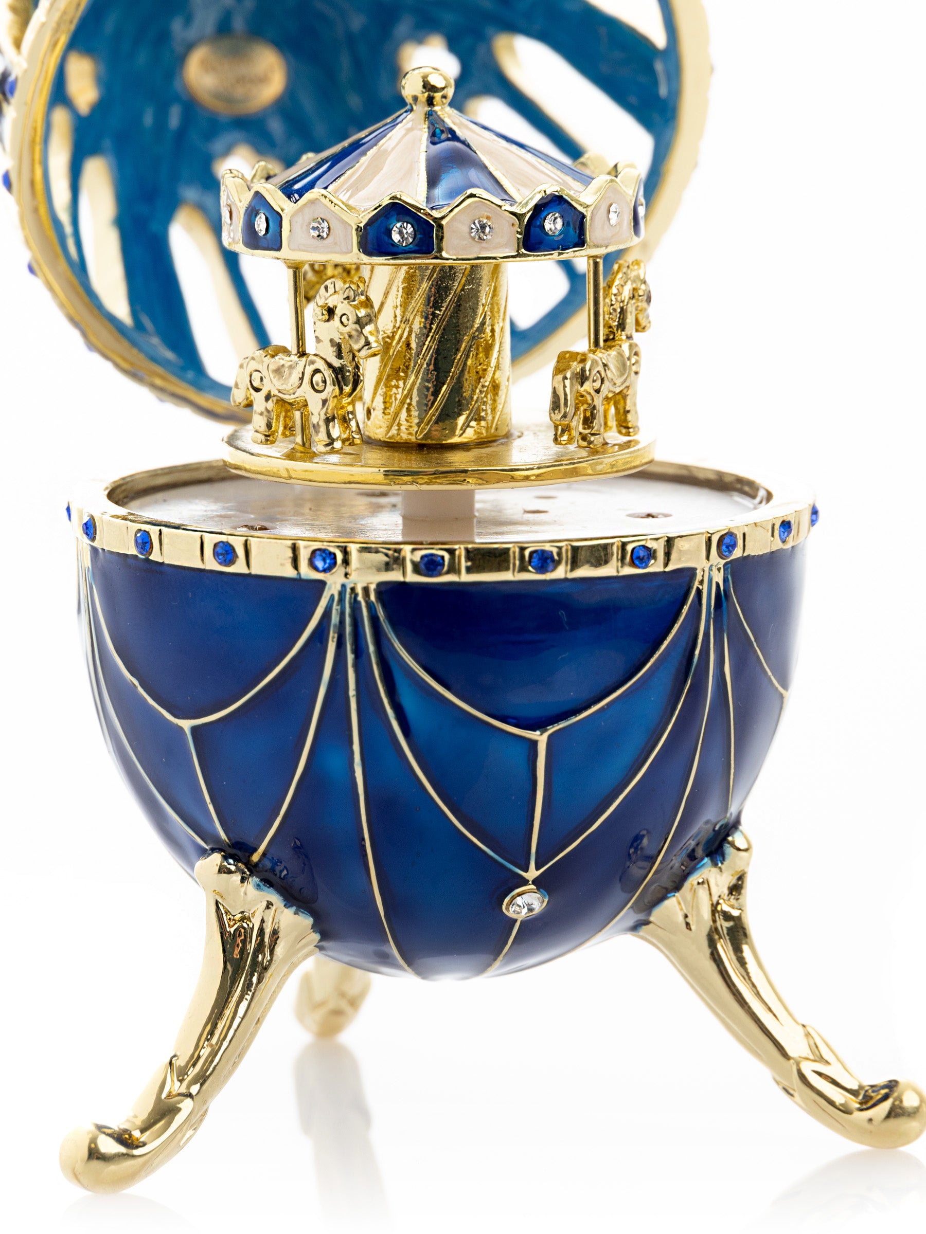 Keren Kopal Blue and Gold Faberge Egg with Horse Carousel Surprise Inside