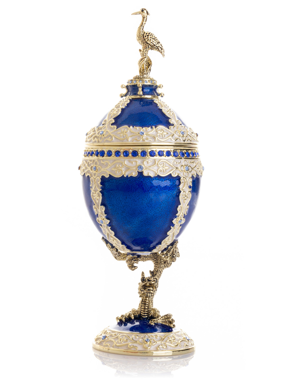 Keren Kopal Luxurious Blue-Gold Egg with Clock with Dragon Pedestal and Bird Ornament