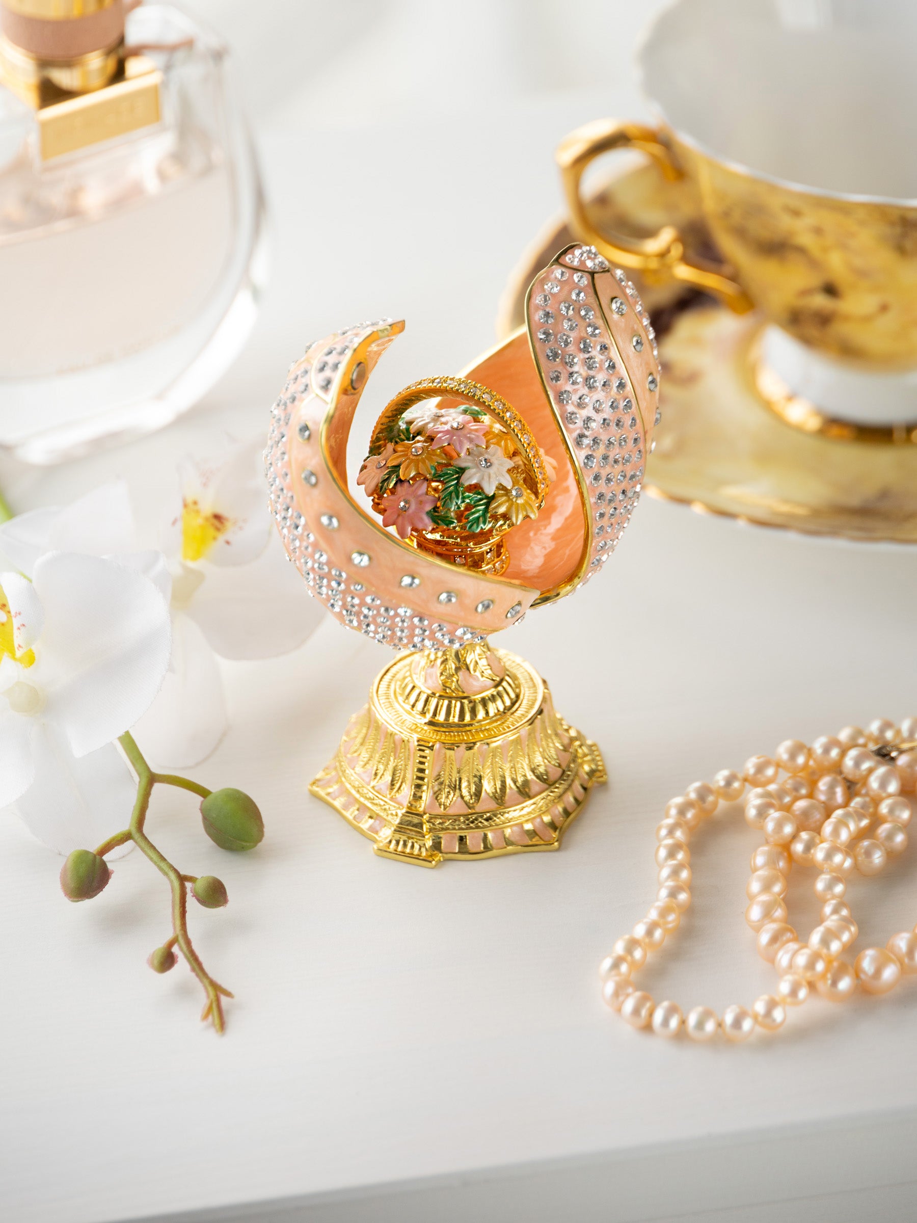 Keren Kopal spiral salmon pink Faberge Egg with flowers bouquet