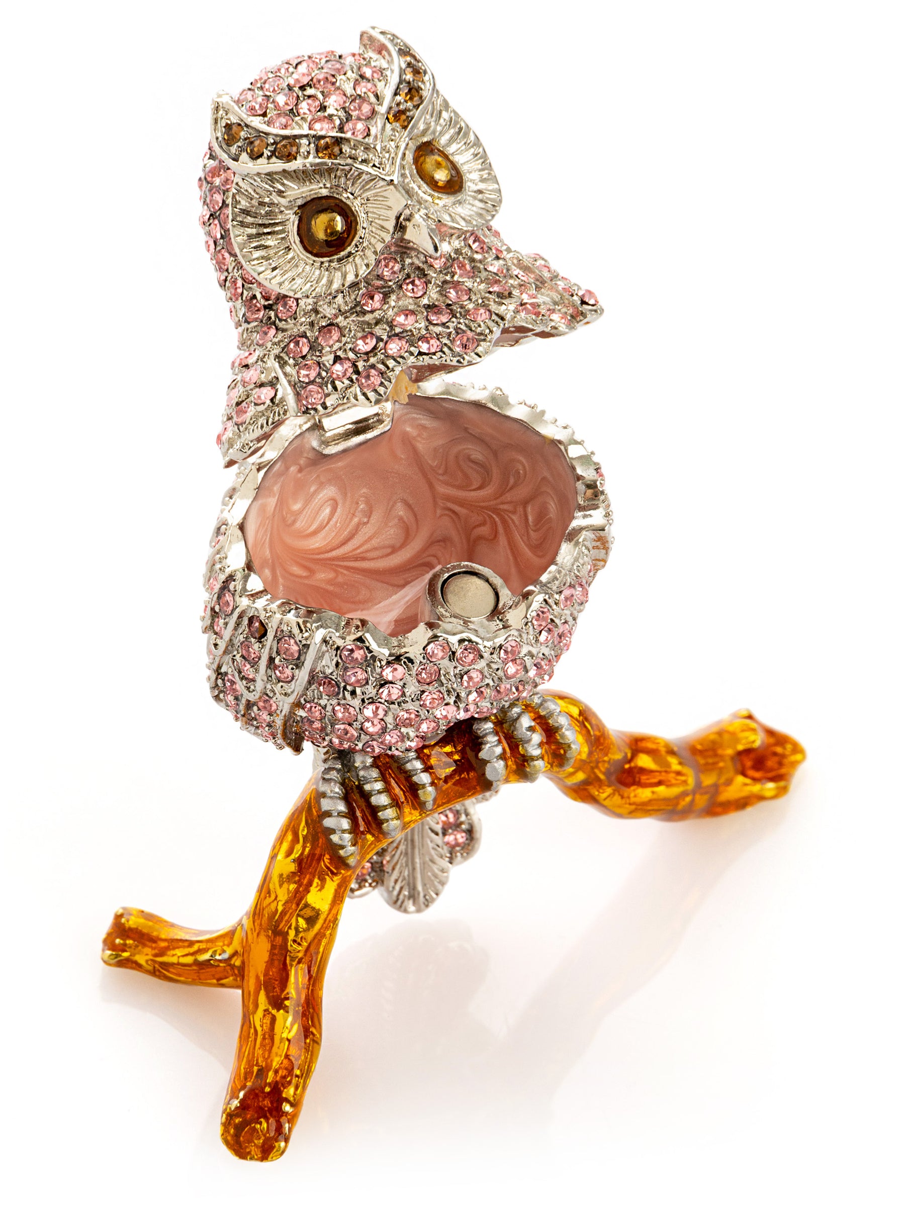Keren Kopal Pink & Silver Crystal Owl on Amber Tree Branch Trinket Box