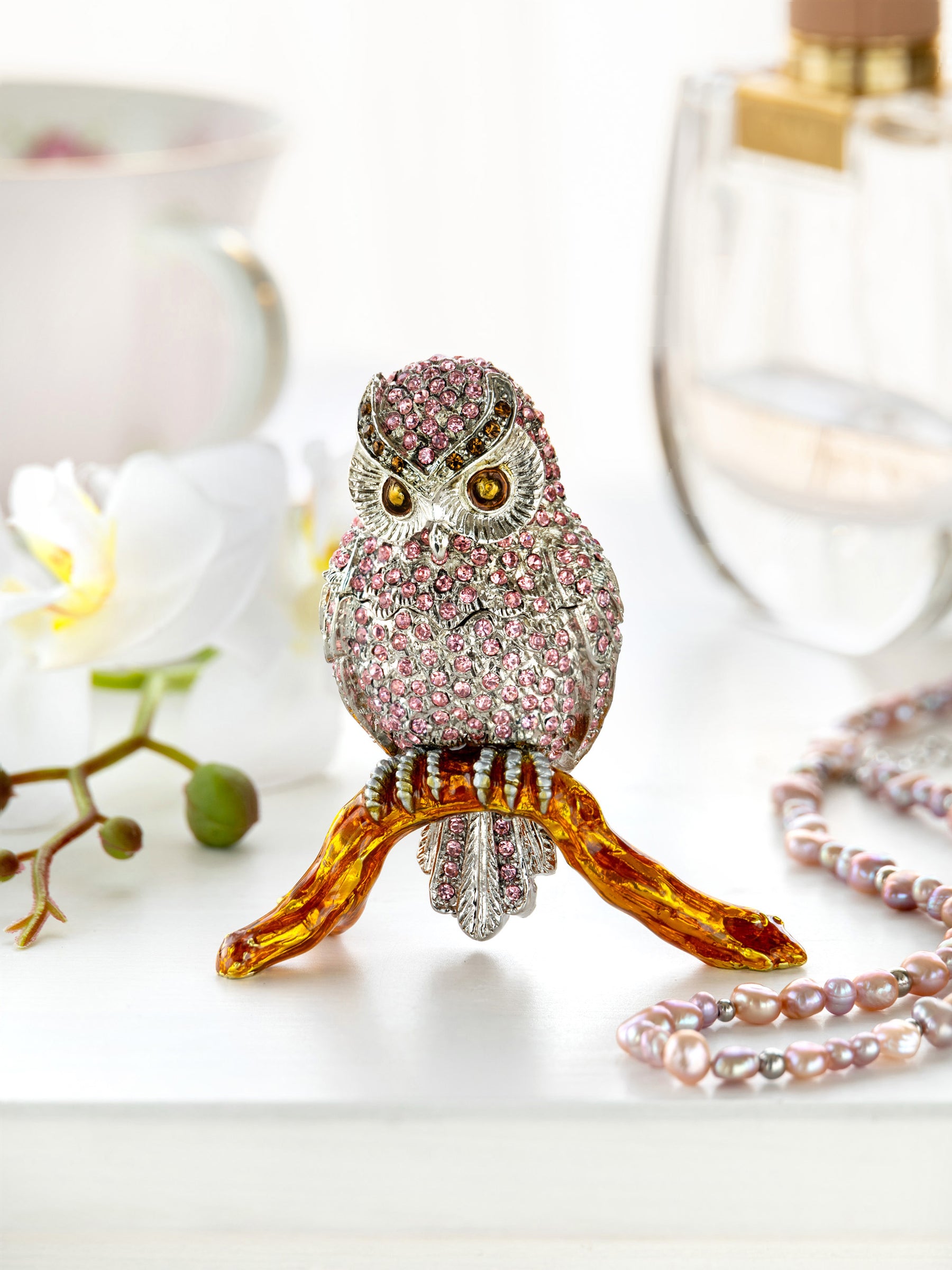 Keren Kopal Pink & Silver Crystal Owl on Amber Tree Branch Trinket Box