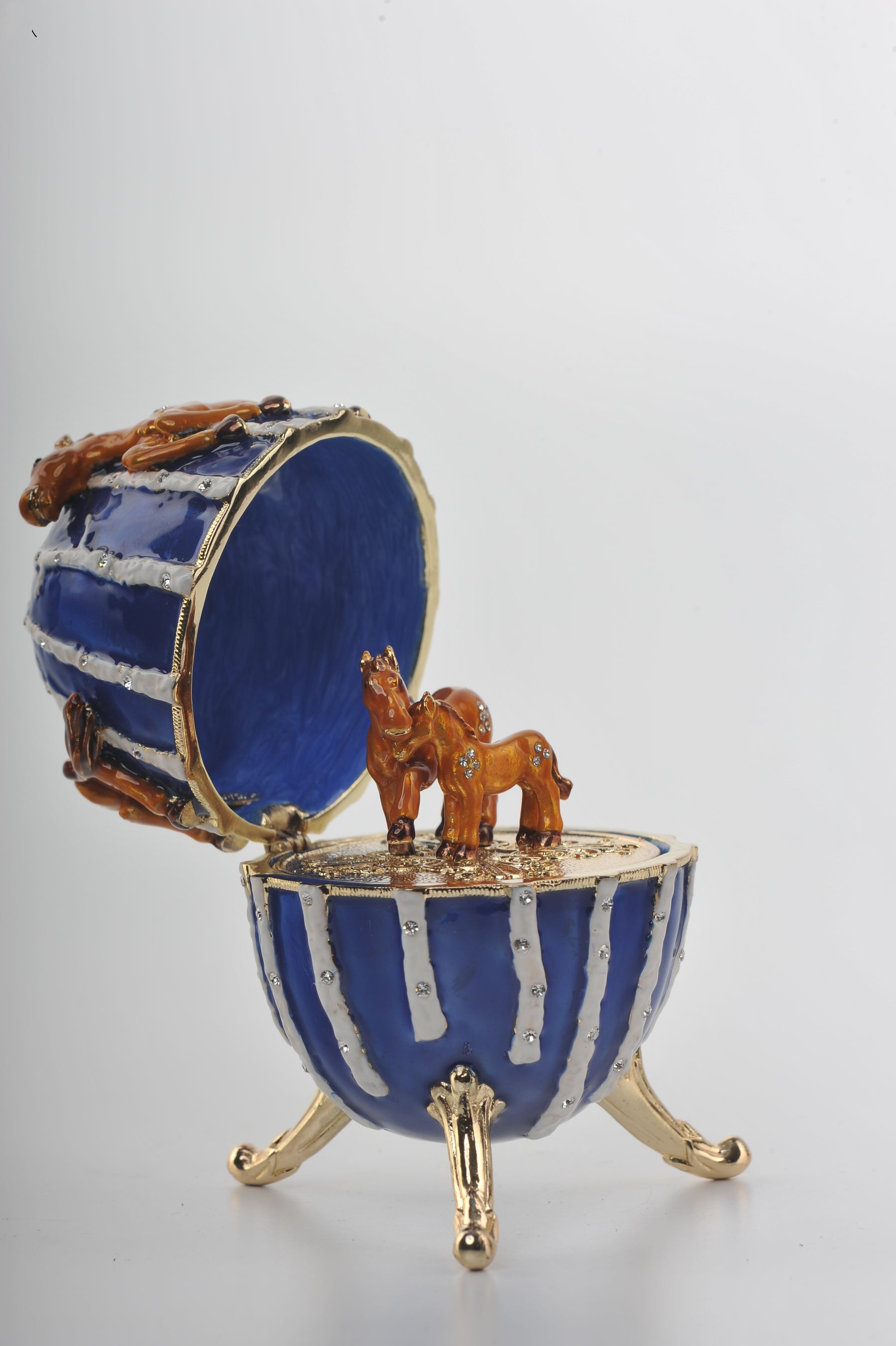 Keren Kopal Blue Faberge Egg Trinket Box with Brown Horses