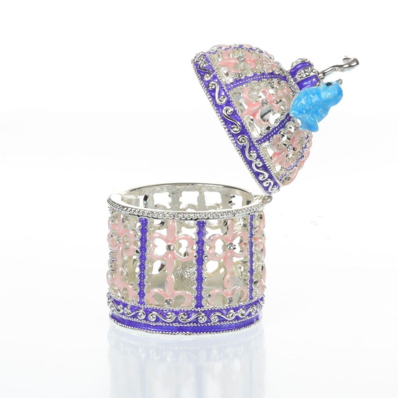 Keren Kopal Light Blue Bird on top top of a purple birdcage Faberge Styled Trinket Box