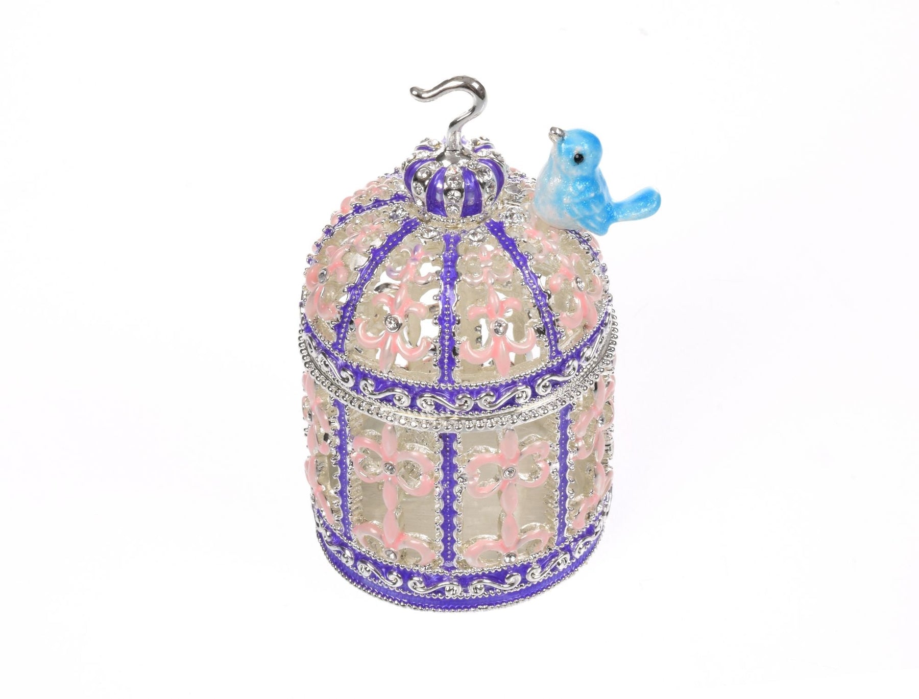 Keren Kopal Light Blue Bird on top top of a purple birdcage Faberge Styled Trinket Box