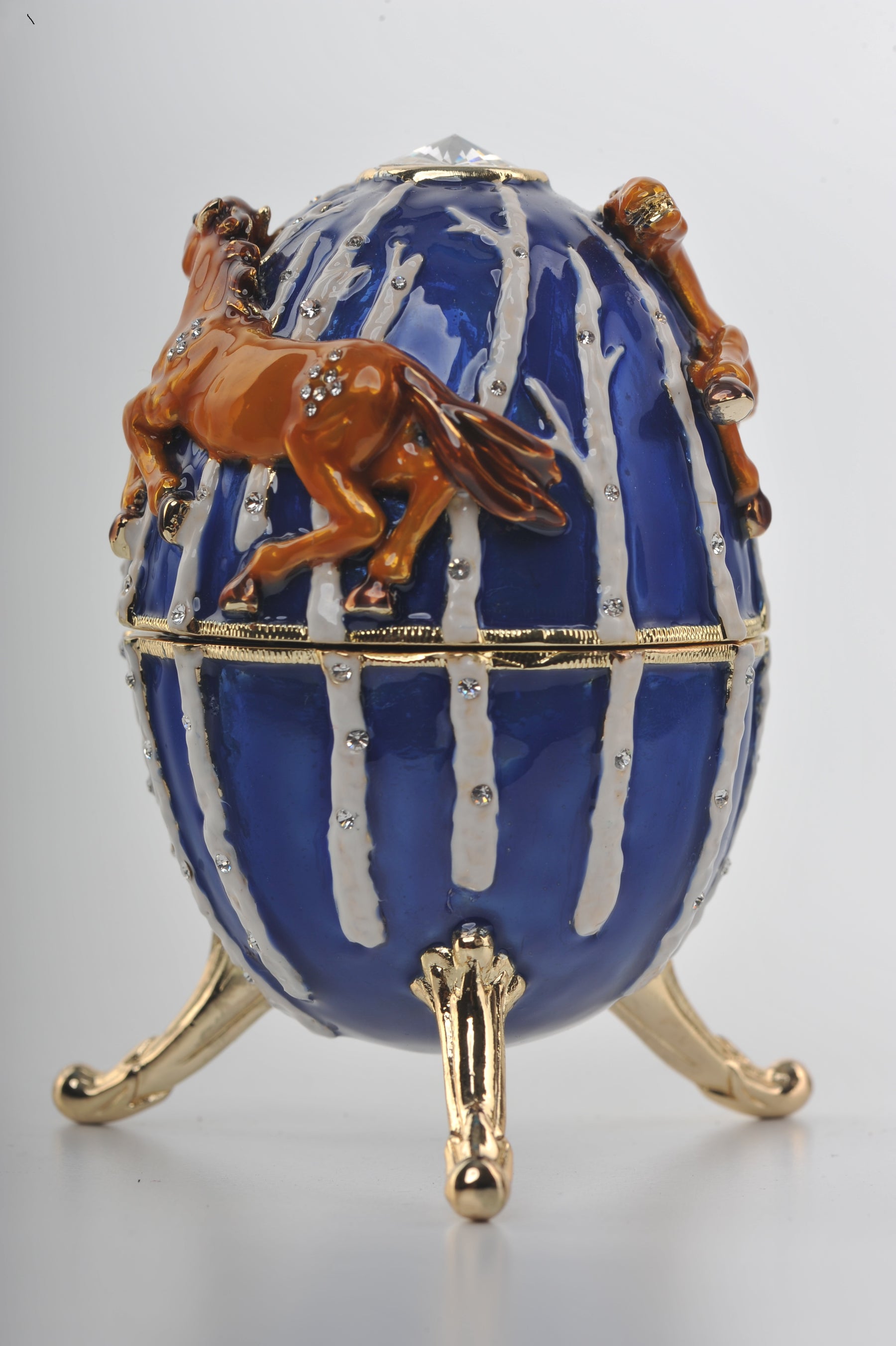 Keren Kopal Blue Faberge Egg Trinket Box with Brown Horses
