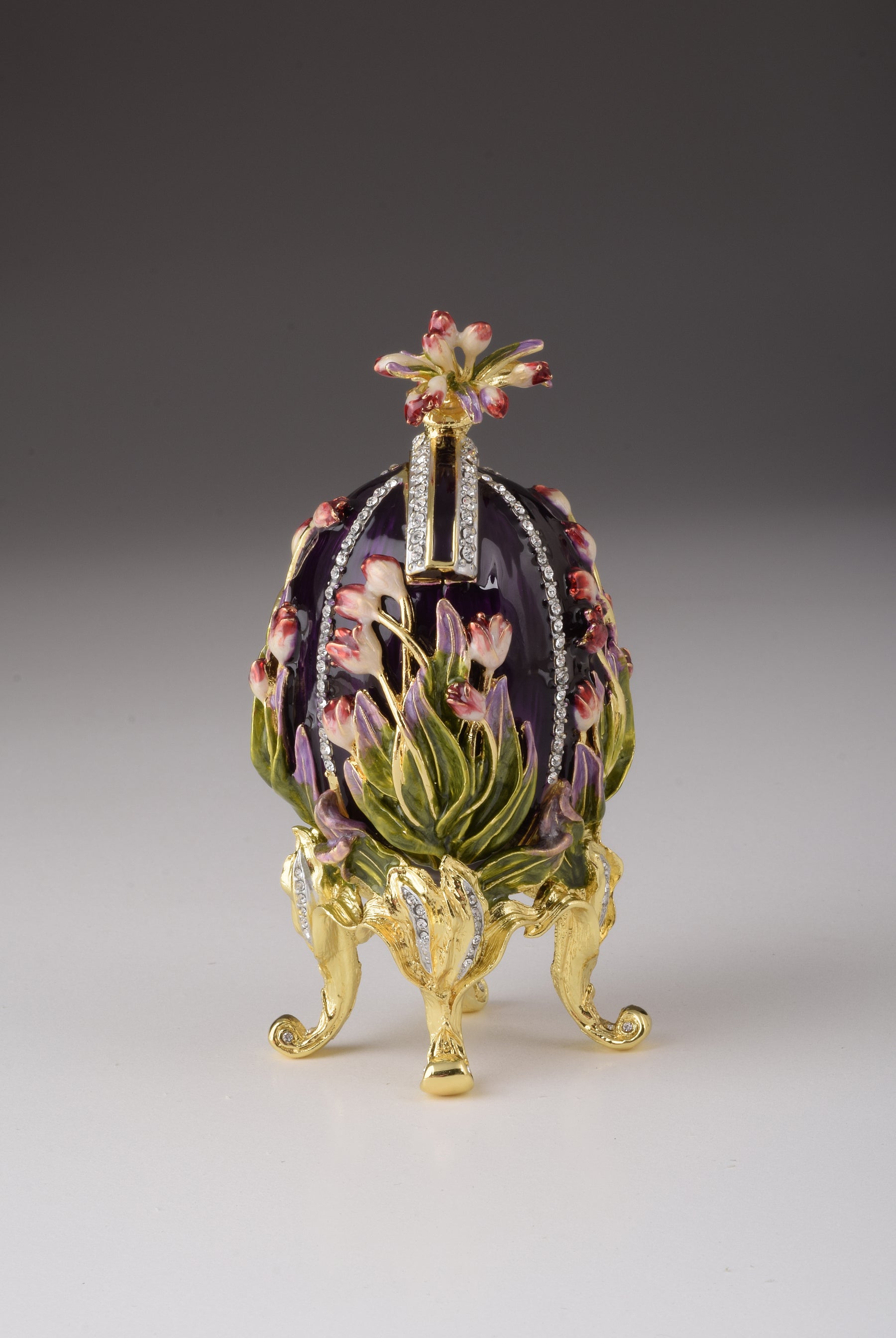 Keren Kopal Purple tulip Egg Trinket Box & Clock Russian Egg