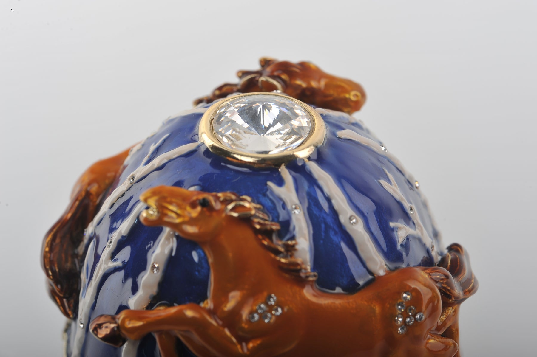 Keren Kopal Blue Faberge Egg Trinket Box with Brown Horses