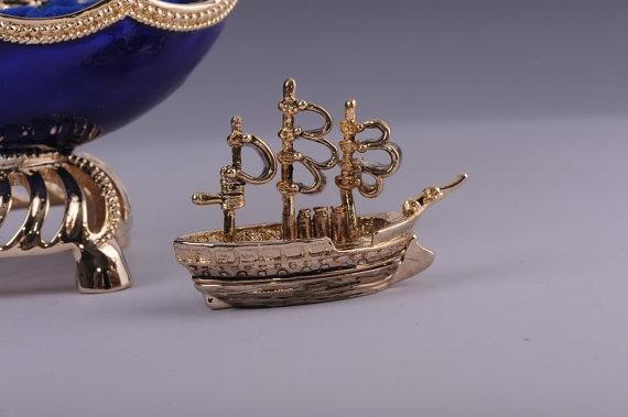 Keren Kopal Blue & Gold Faberge Egg with Sailing Ship Inside