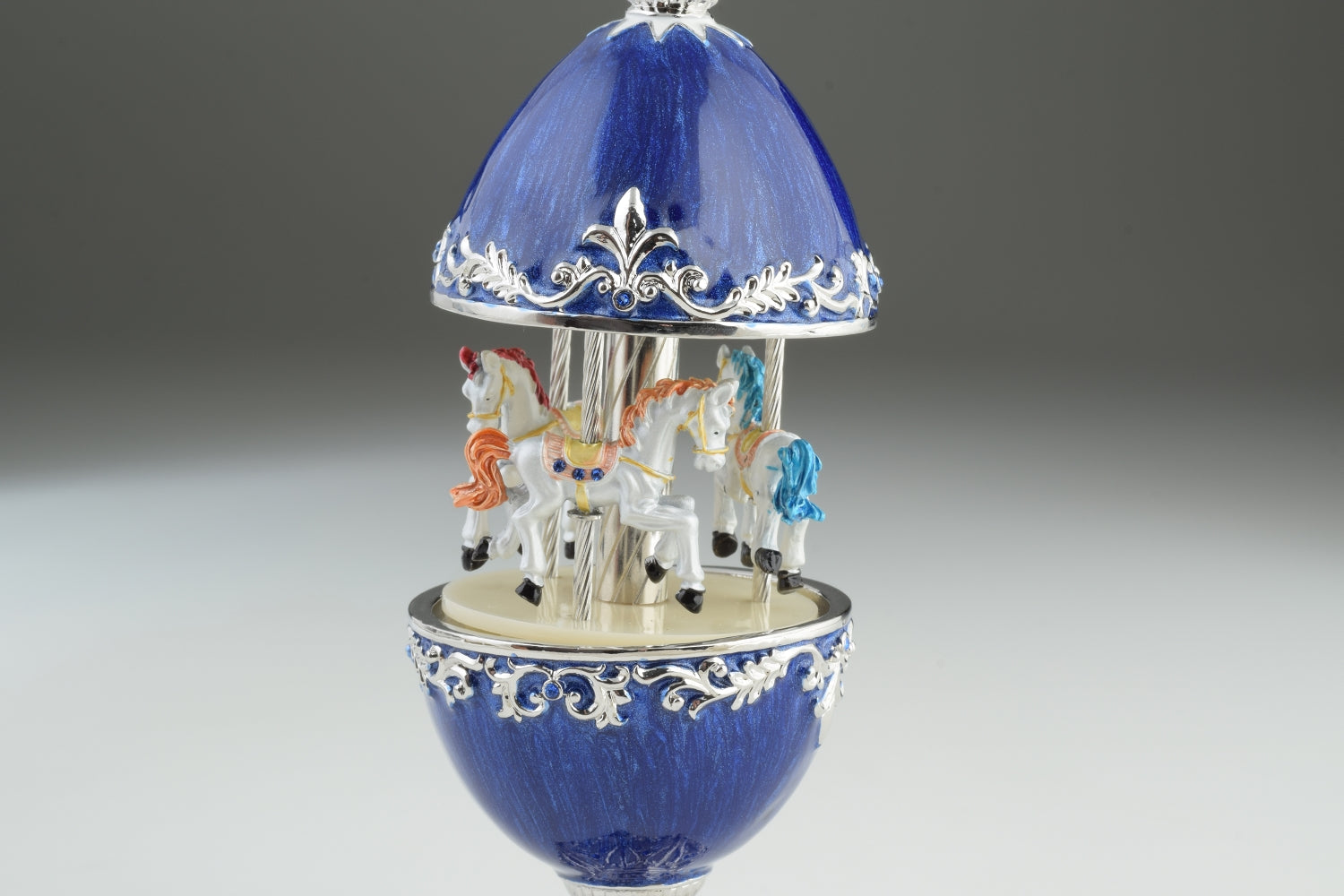 Keren Kopal Blue Faberge Egg Carousel with White Royal Horses