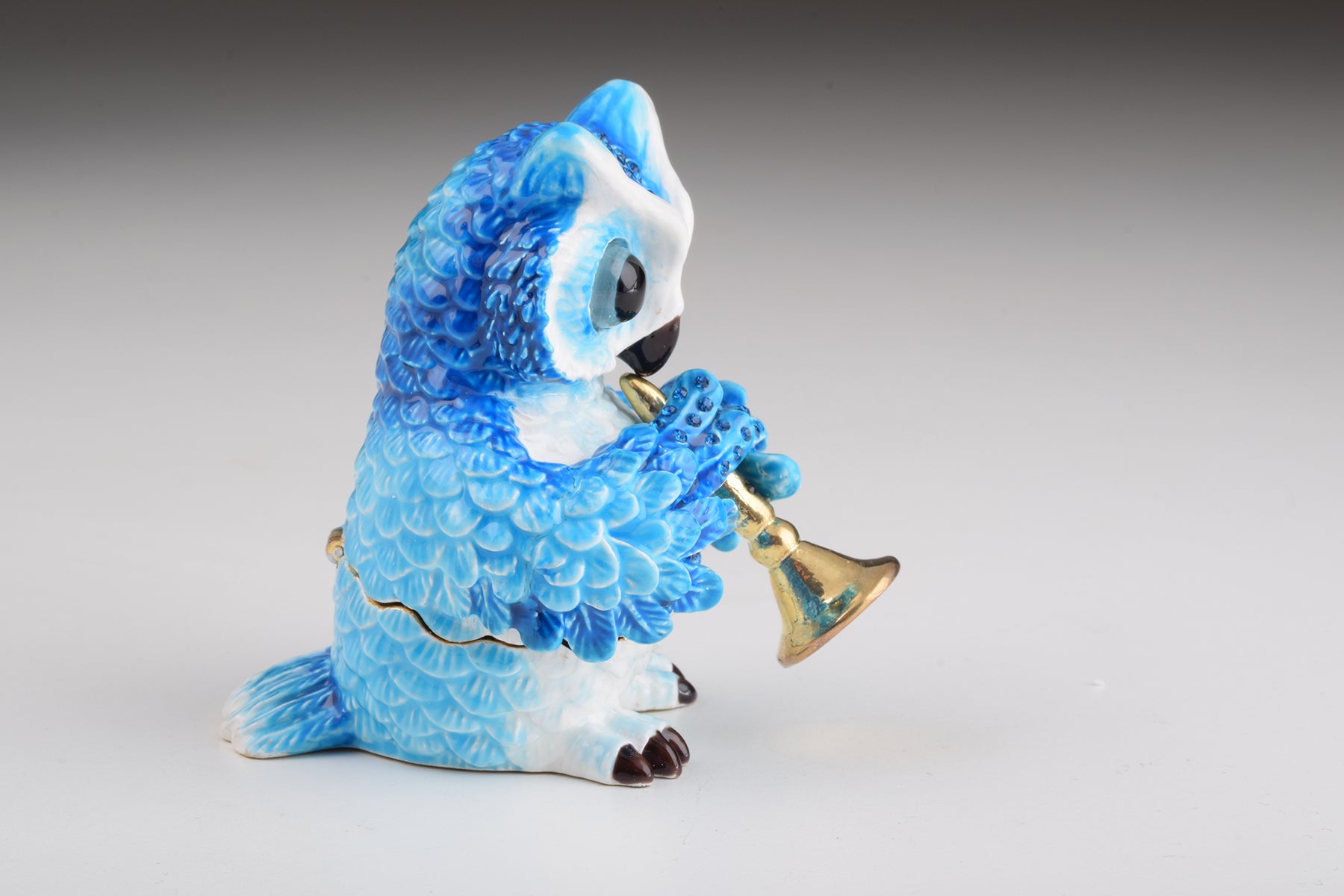 Keren Kopal Blue Owl Playing Trumpet Trinket Box