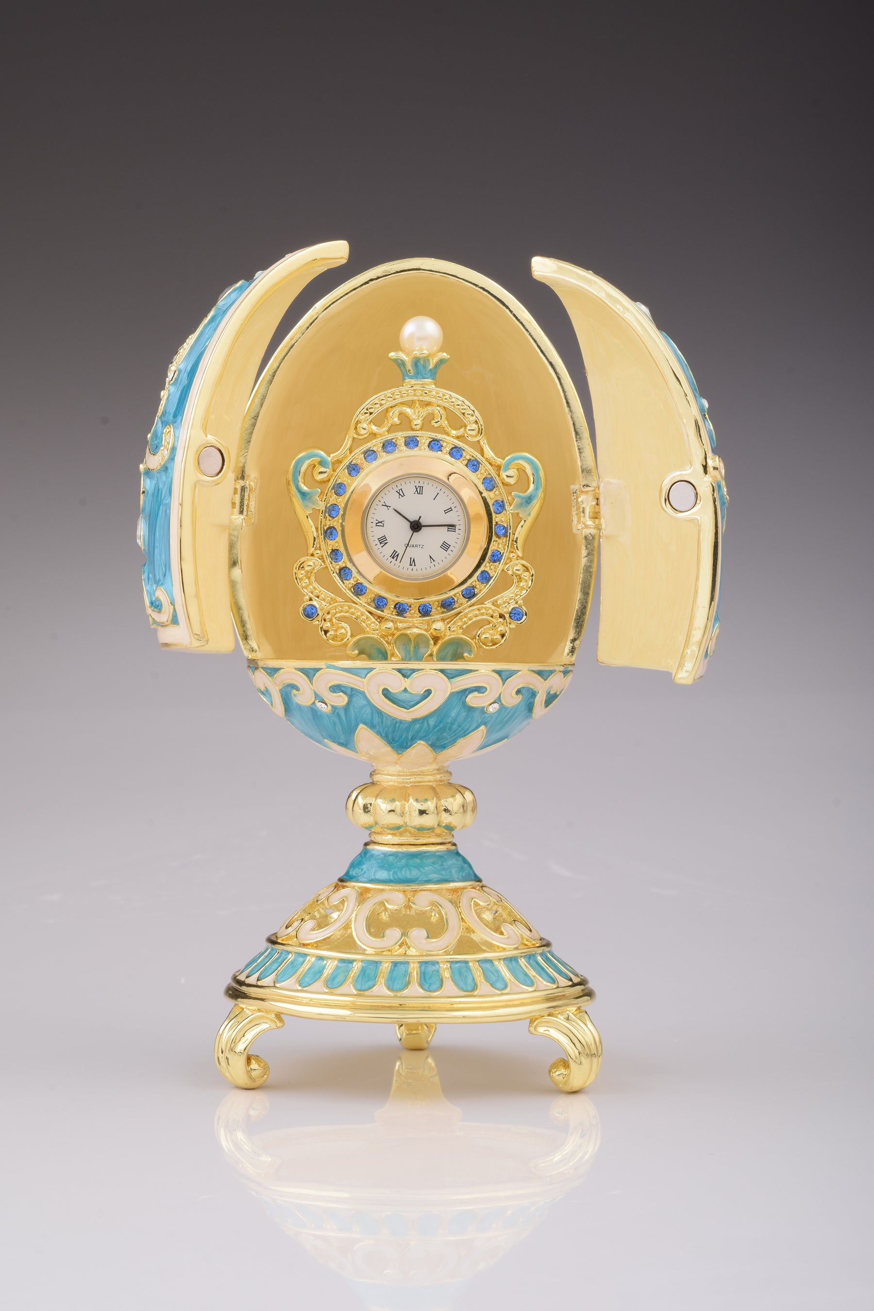 Keren Kopal Teal Faberge Egg with Clock Inside