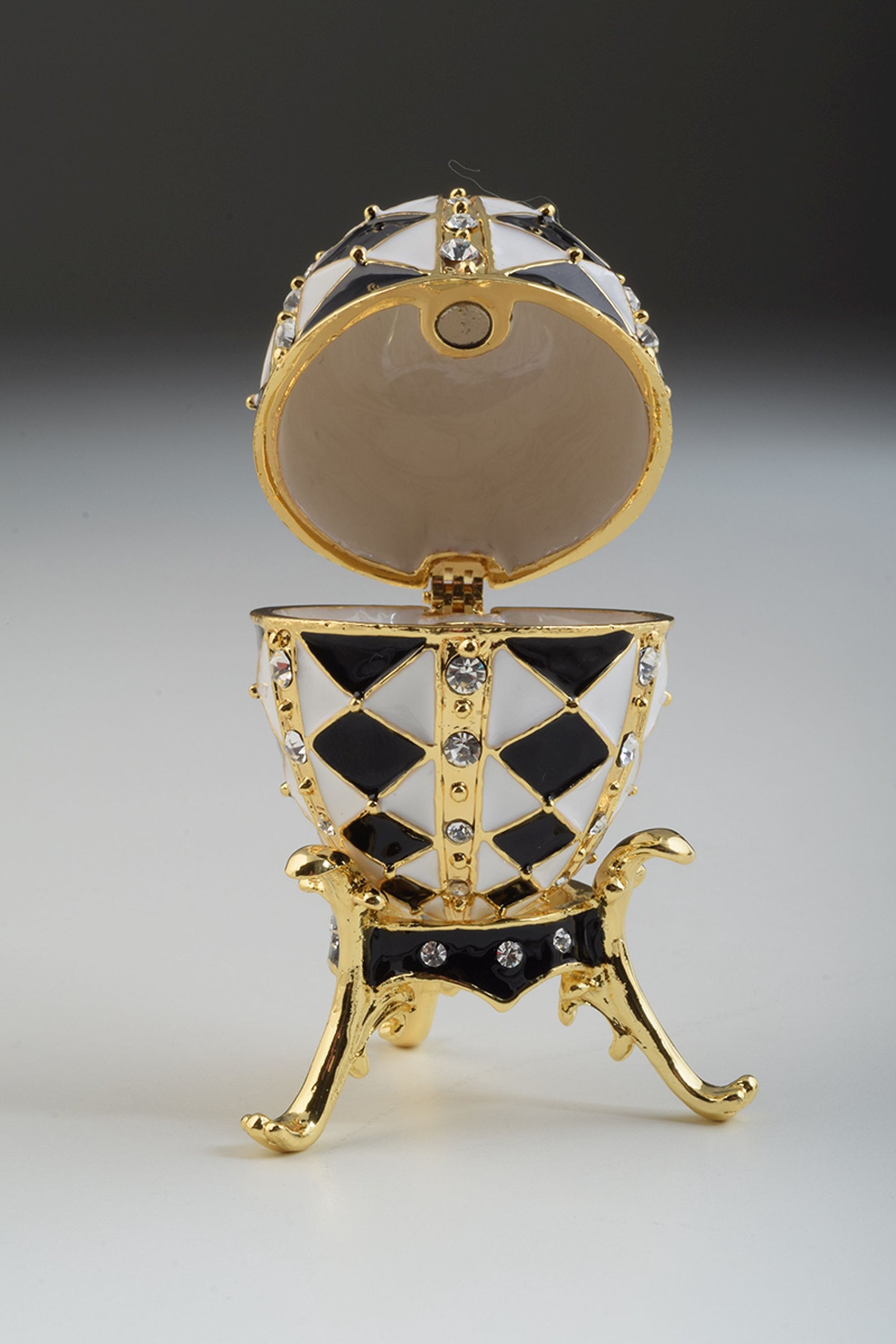 Keren Kopal Black and White Faberge Egg with Gold Necklace Inside