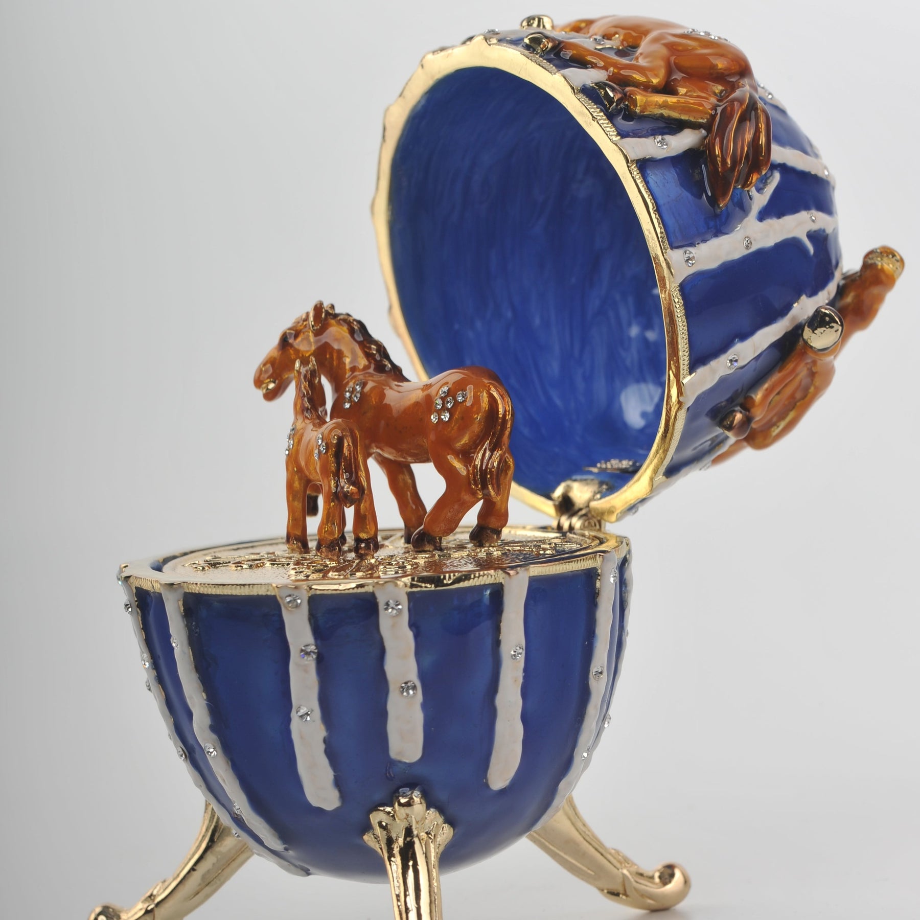 Keren Kopal Blue Faberge Egg Trinket Box with Brown Horses