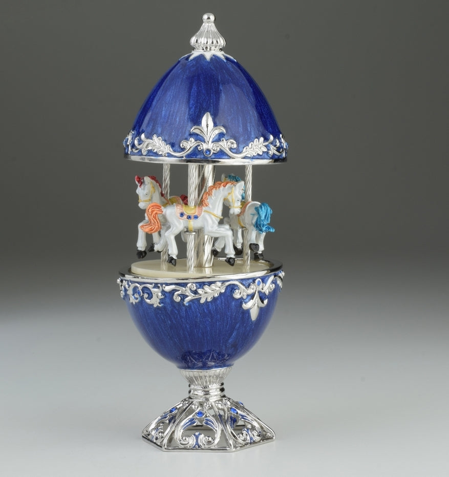 Keren Kopal Blue Faberge Egg Carousel with White Royal Horses