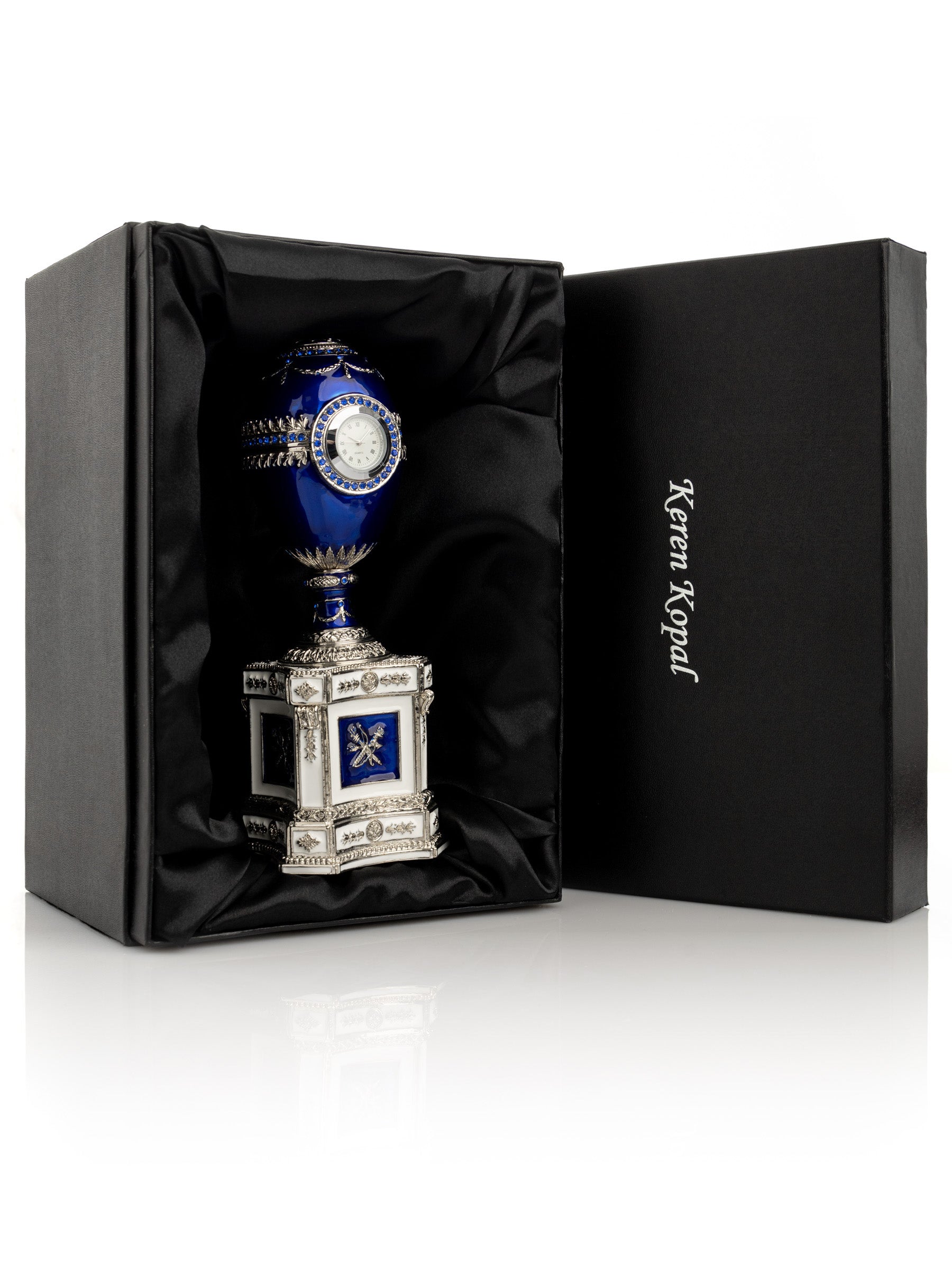 Keren Kopal Blue Faberge Egg with a Pearl and a Clock