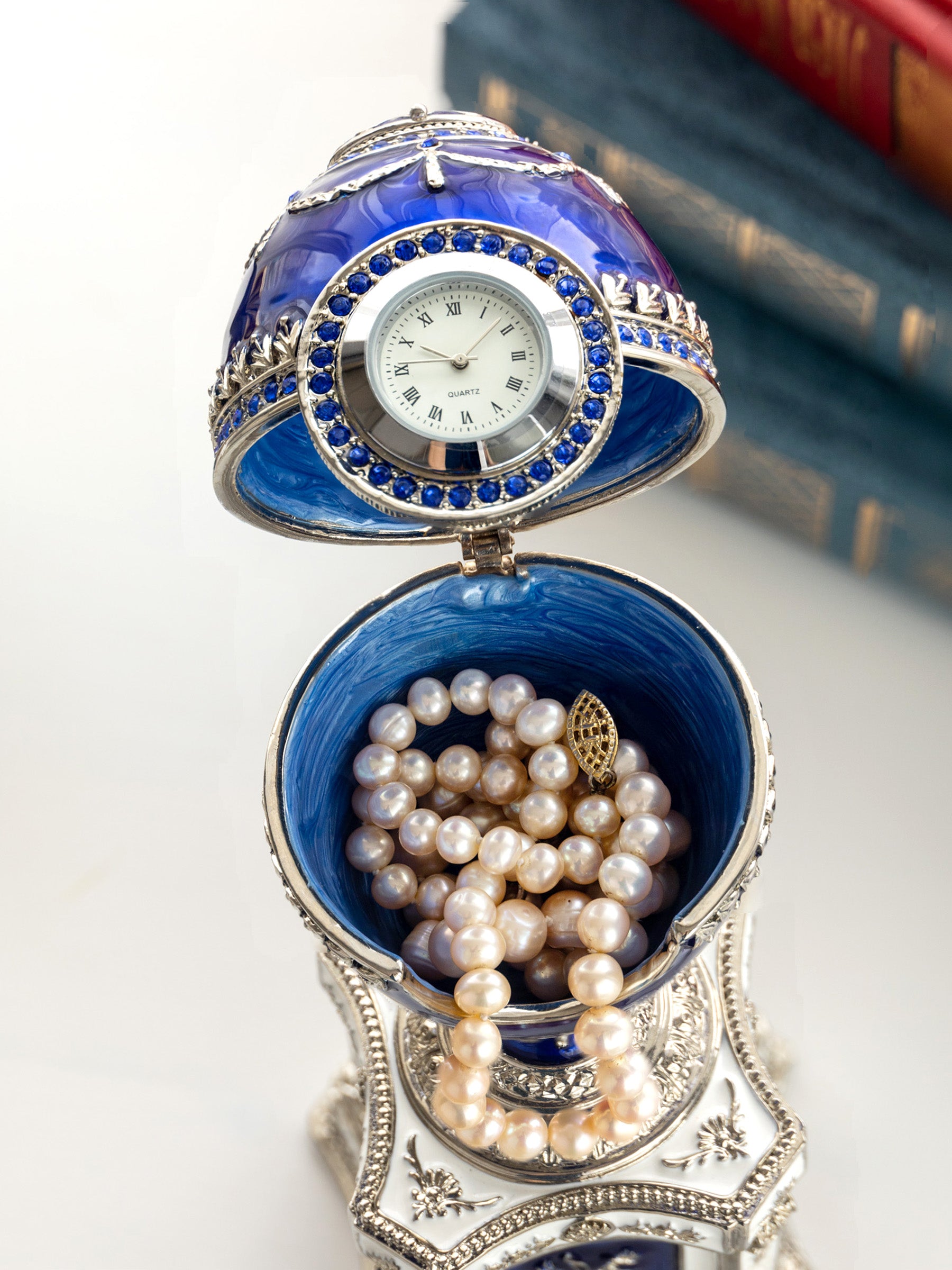 Keren Kopal Blue Faberge Egg with a Pearl and a Clock