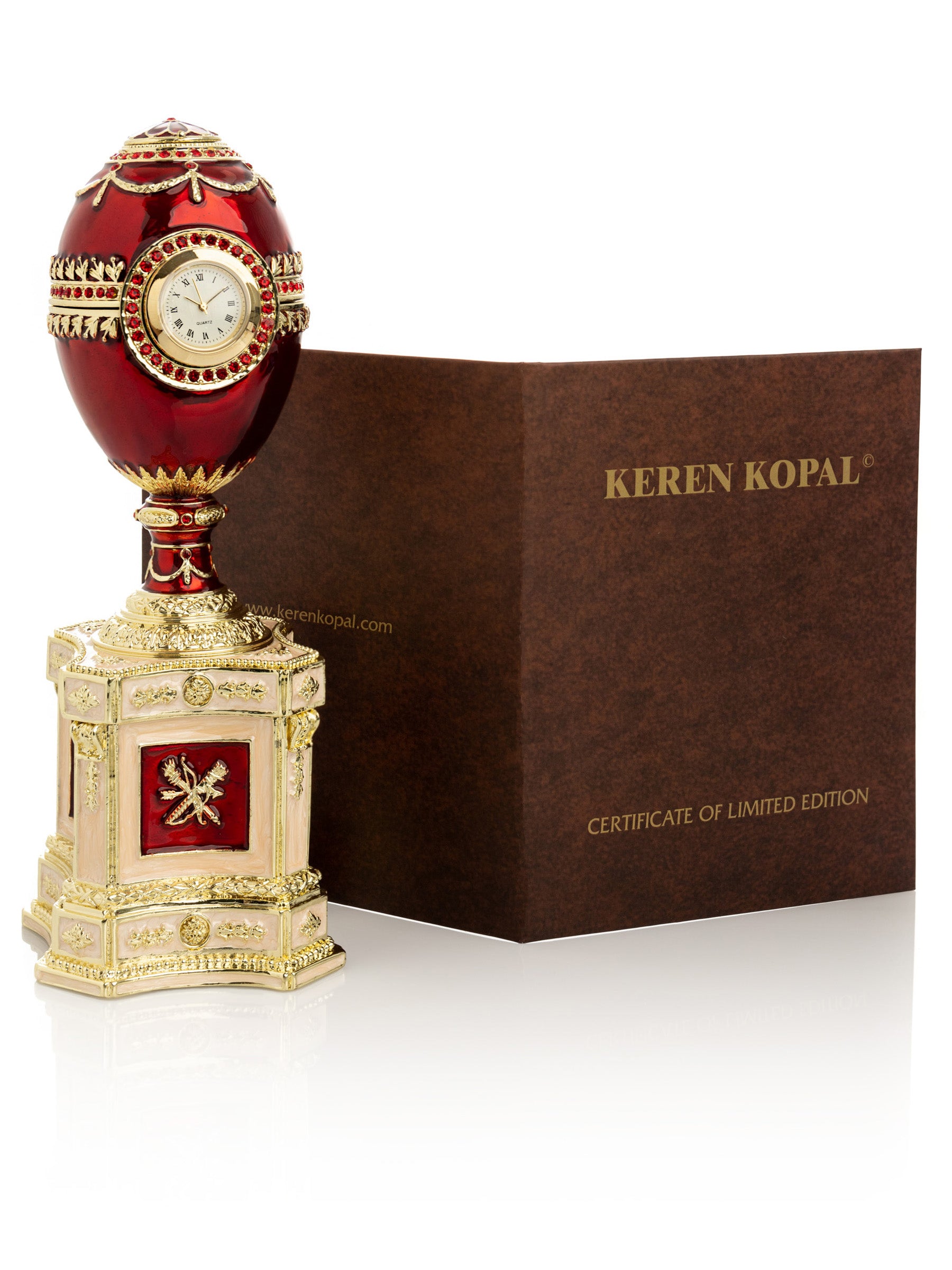 Keren Kopal Red Faberge Egg with a Pearl and a Clock