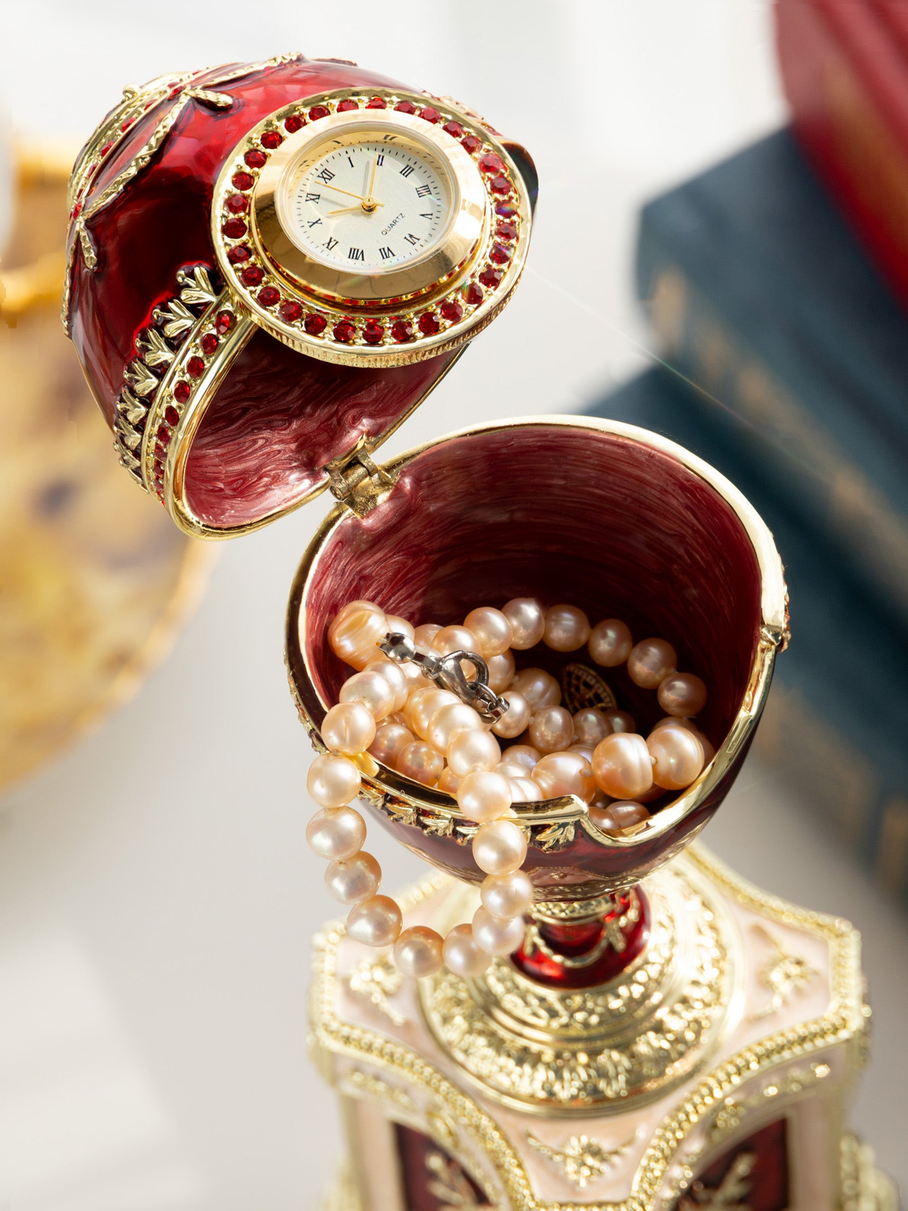 Keren Kopal Red Faberge Egg with a Pearl and a Clock
