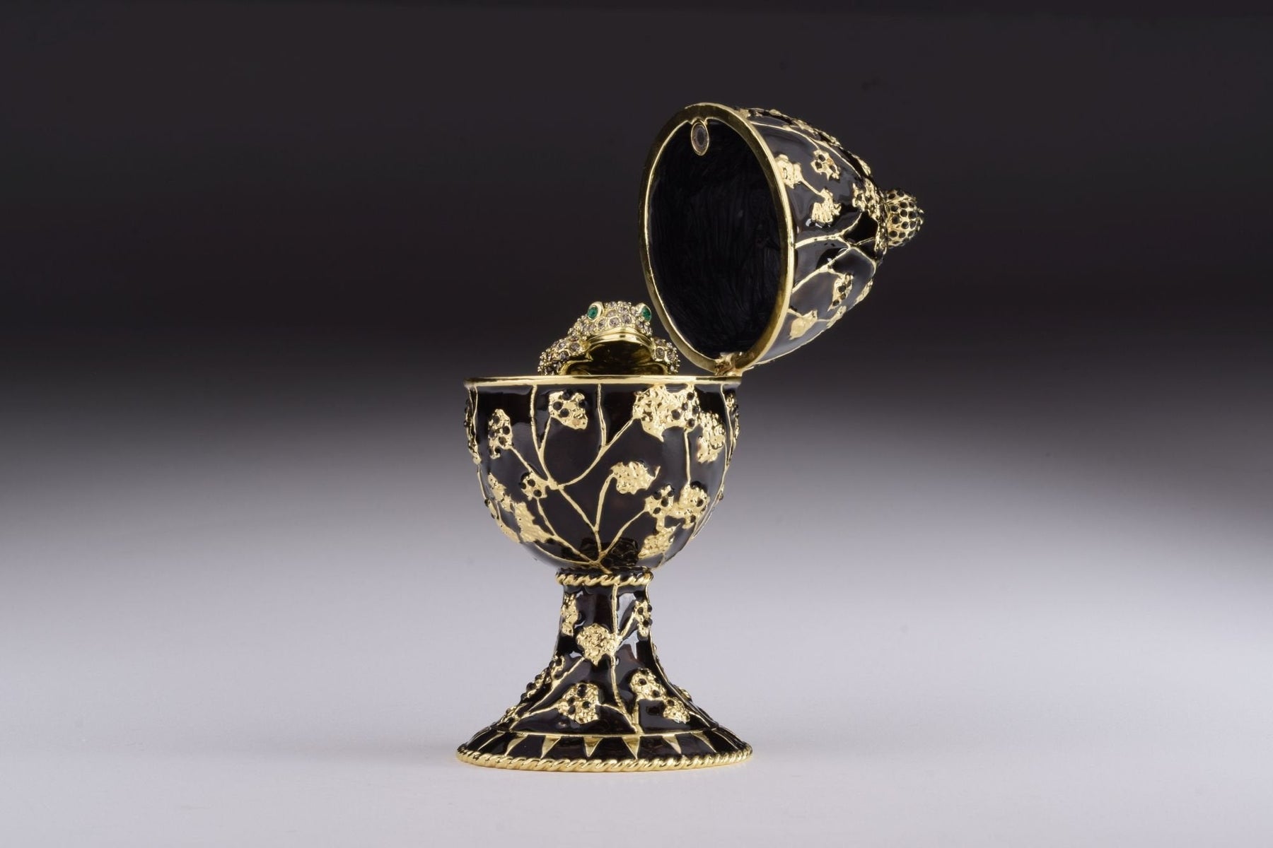 Keren Kopal Black Faberge Egg with Silver Frog Surprise Inside