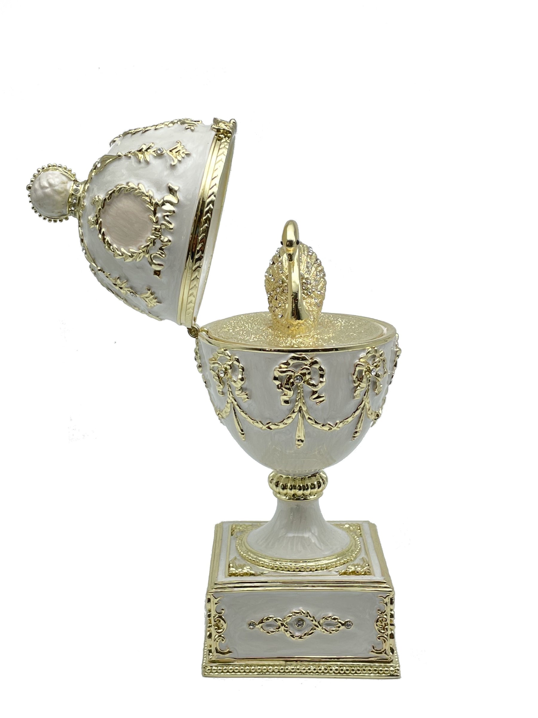 Keren Kopal White Faberge Egg with Swan Inside