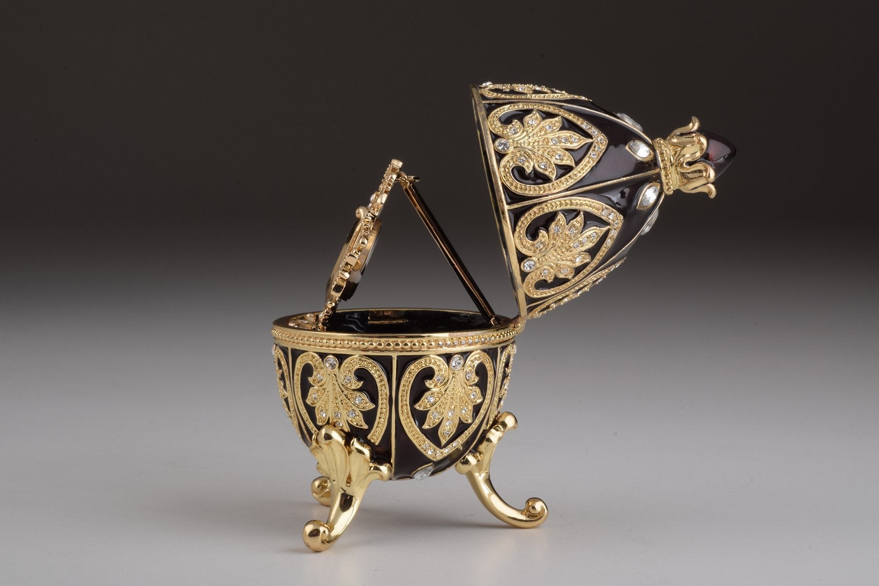 Keren Kopal Gold & Black Faberge Egg with Clock