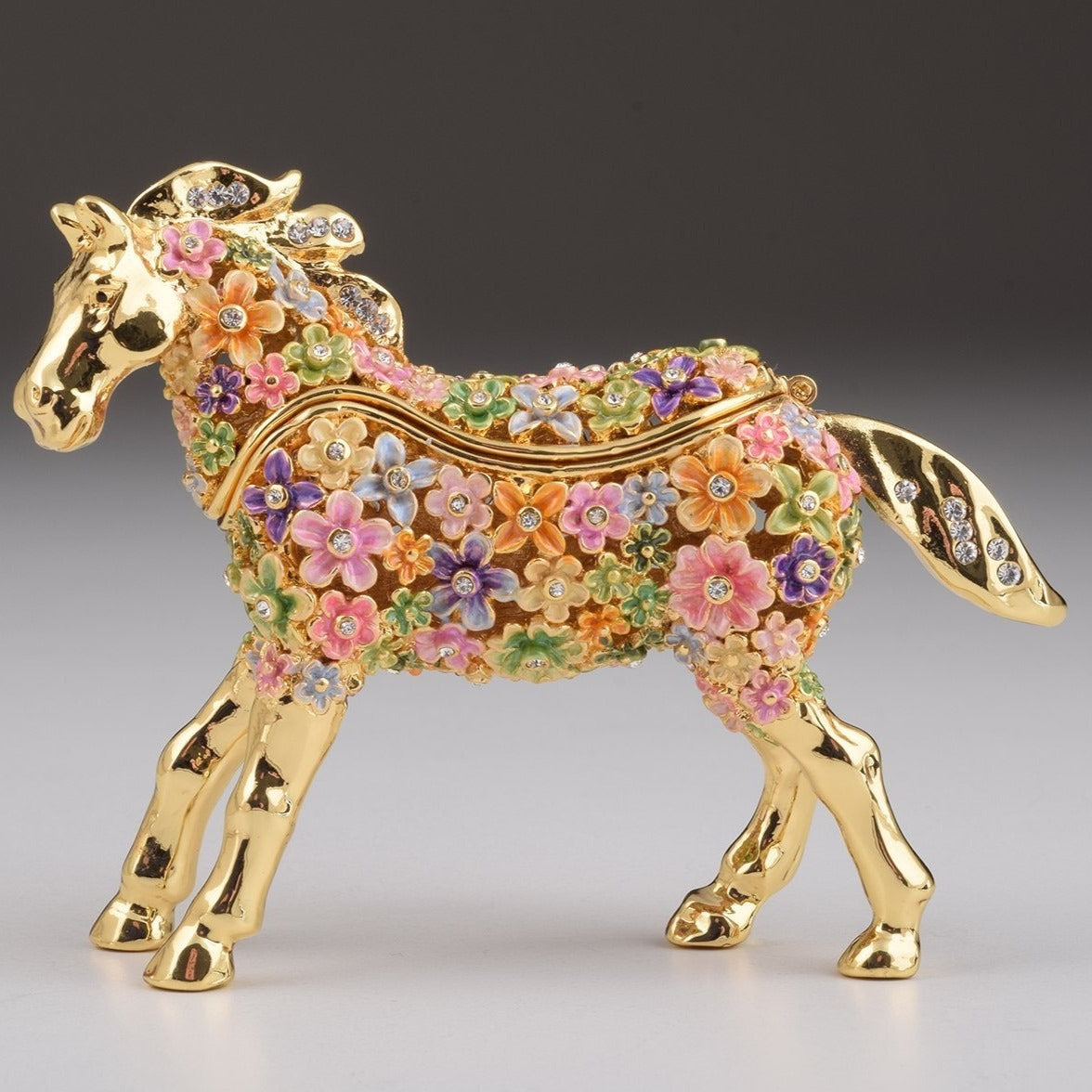 Keren Kopal Gold with Colorful Flowers Horse Trinket Box