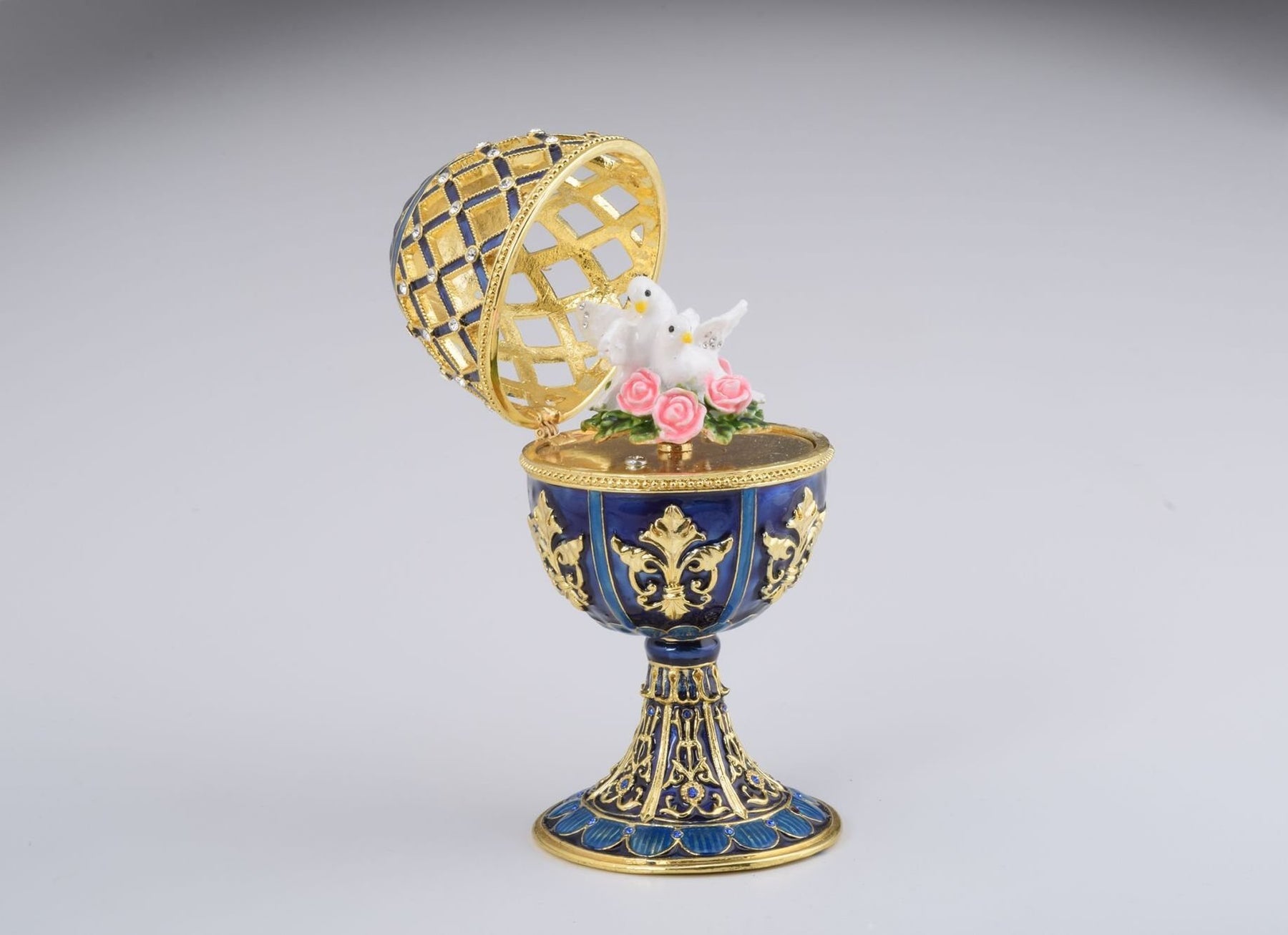 Keren Kopal Golden Blue Faberge Egg with White Doves