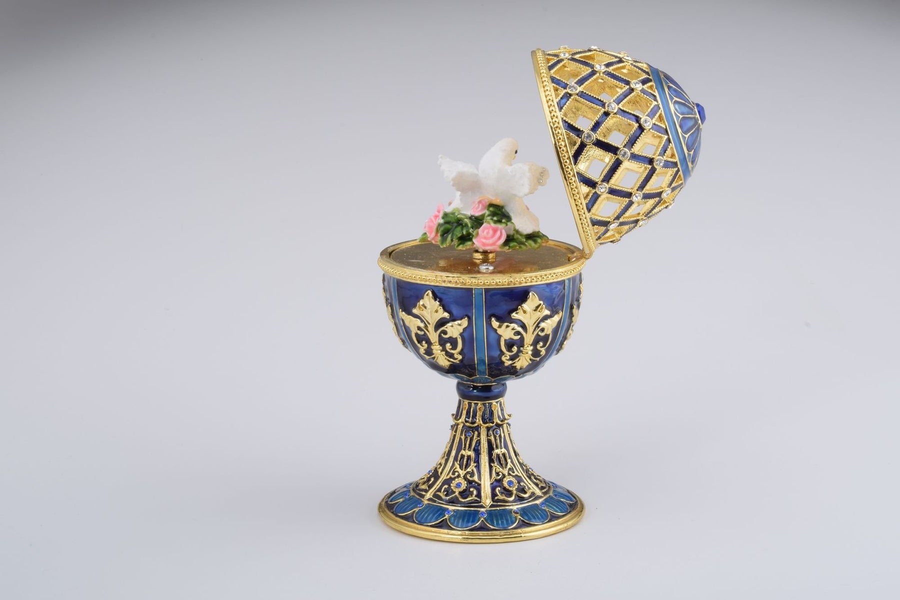 Keren Kopal Golden Blue Faberge Egg with White Doves