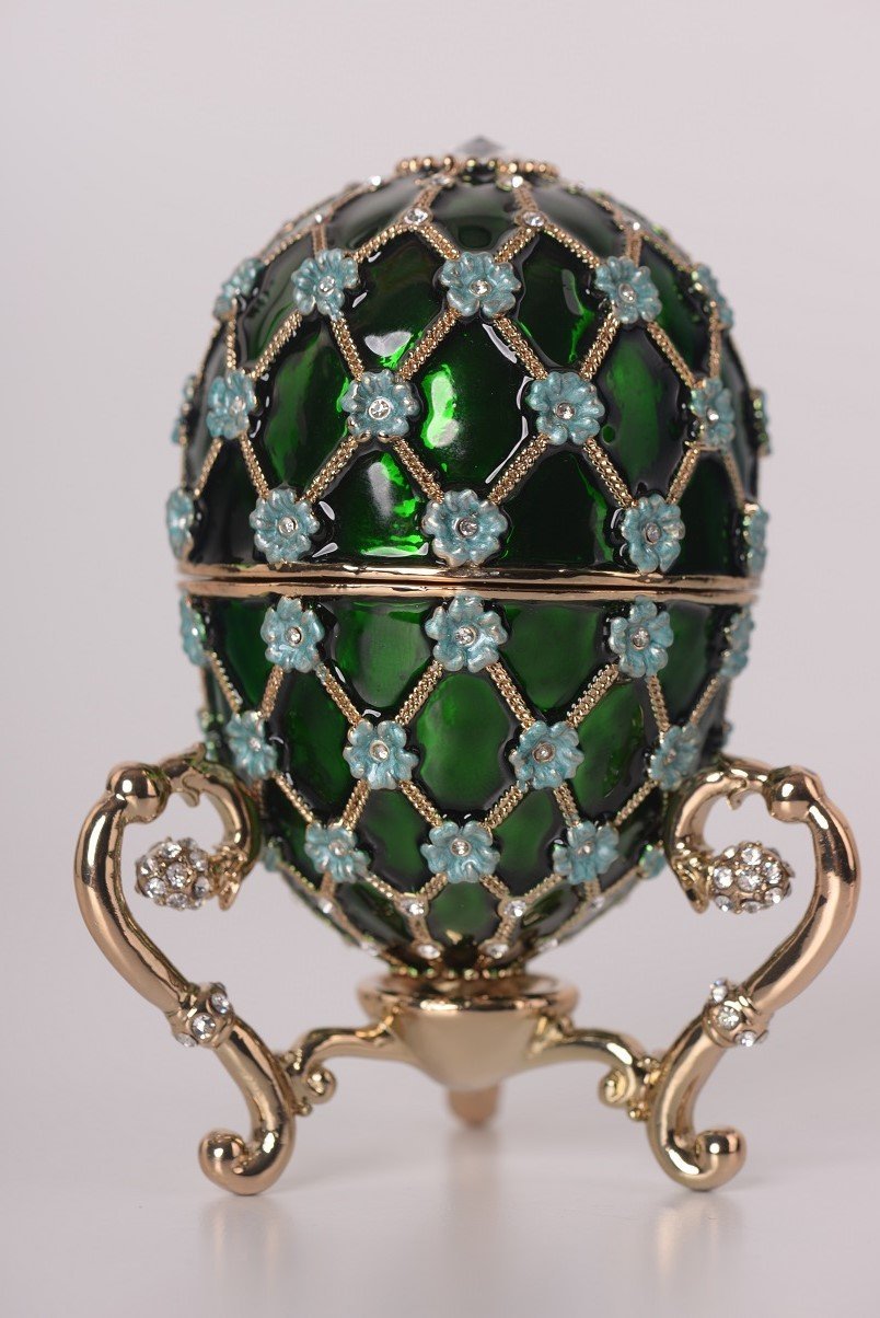 Keren Kopal Green Faberge Egg with Blue Flowers & Gold Carriage Inside