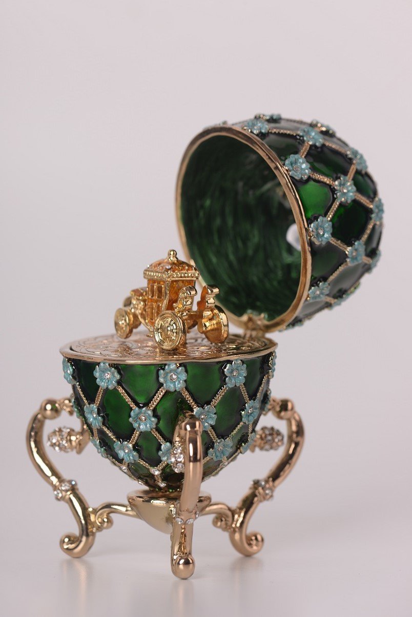 Keren Kopal Green Faberge Egg with Blue Flowers & Gold Carriage Inside