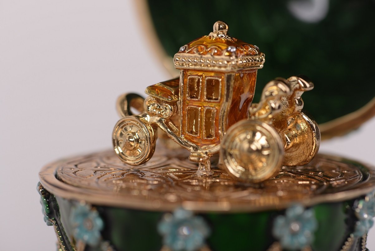 Keren Kopal Green Faberge Egg with Blue Flowers & Gold Carriage Inside