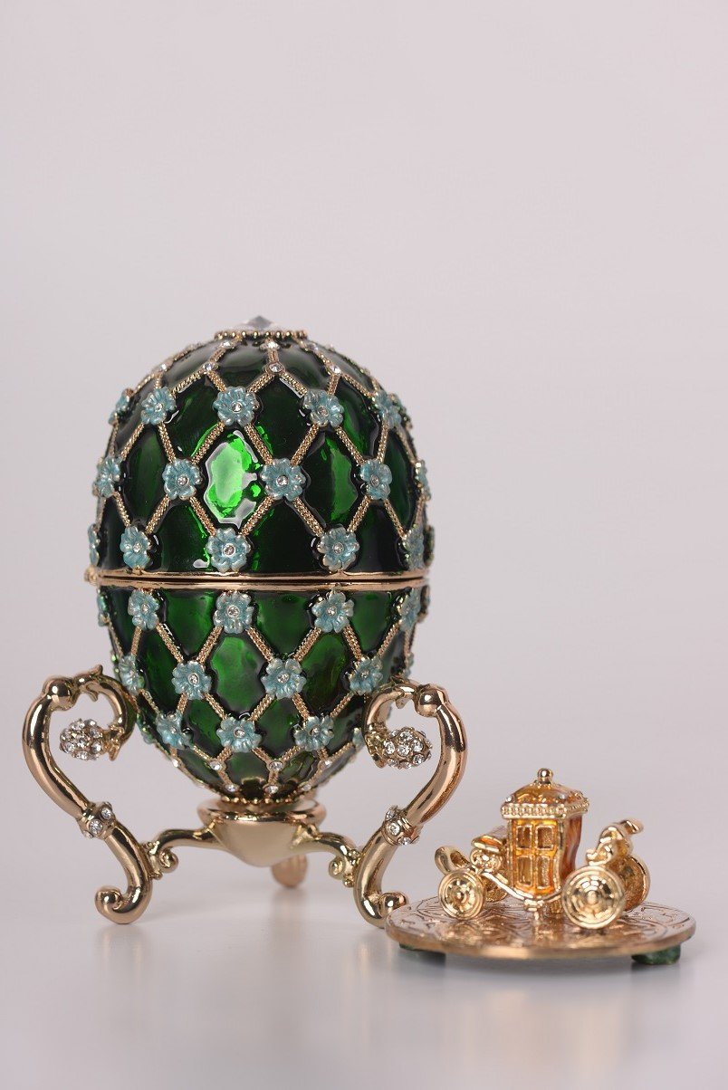Keren Kopal Green Faberge Egg with Blue Flowers & Gold Carriage Inside