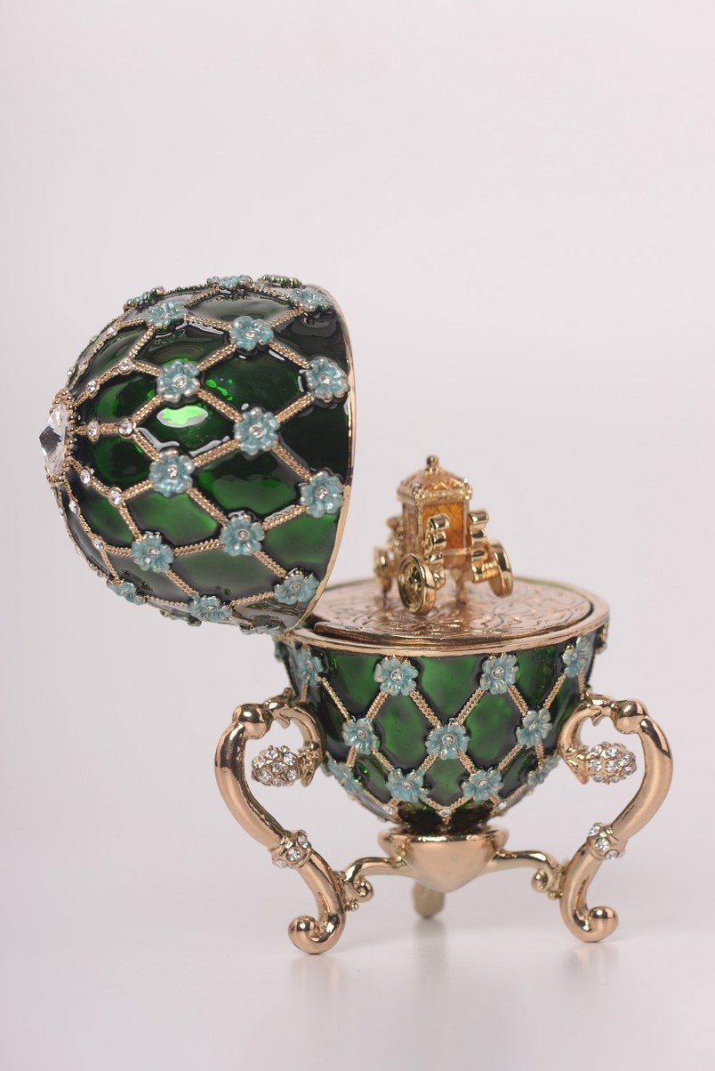 Keren Kopal Green Faberge Egg with Blue Flowers & Gold Carriage Inside