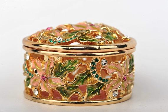 Keren Kopal Green & Pink Flowers Trinket Box