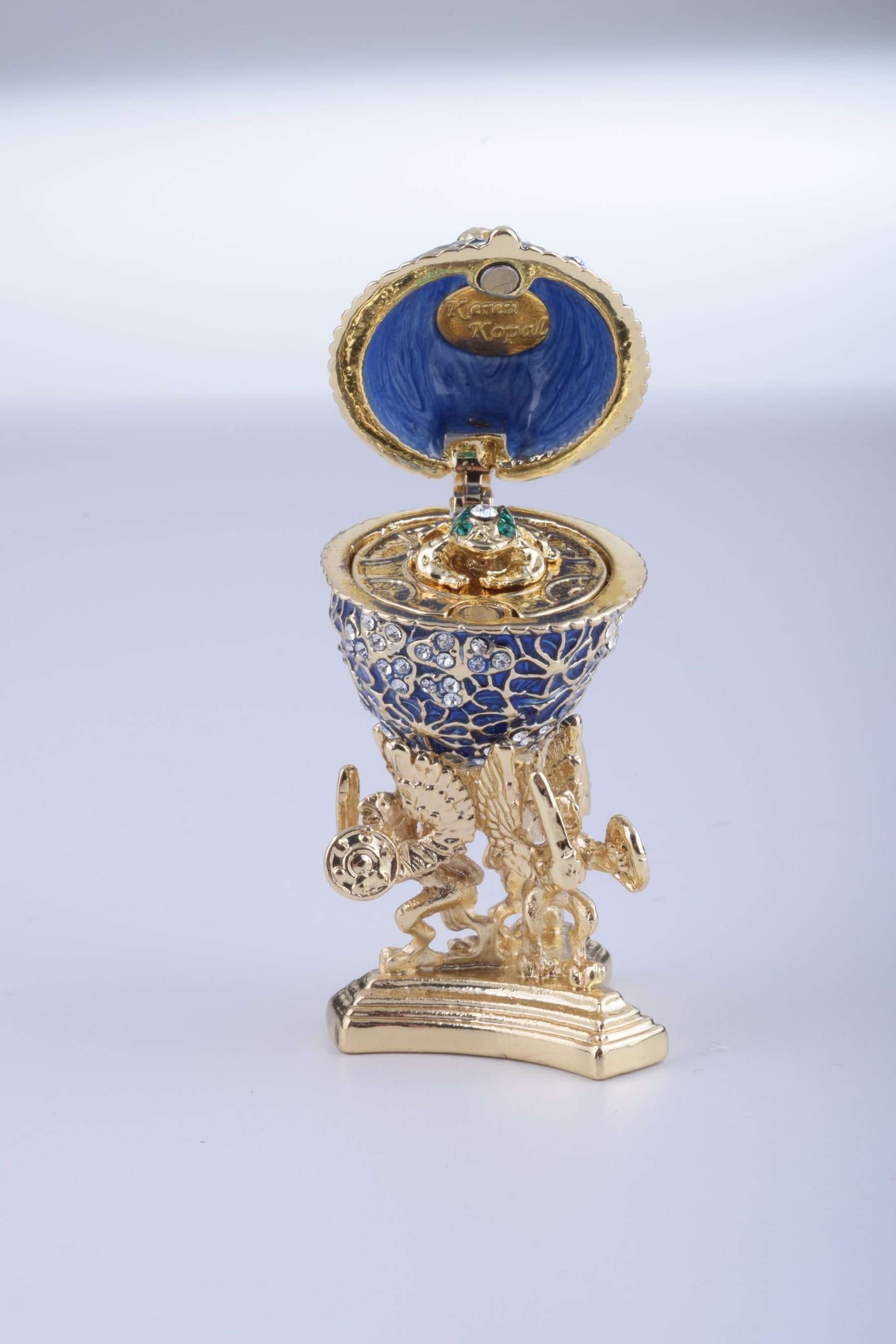 Keren Kopal Blue Faberge Egg with a Golden Frog Inside